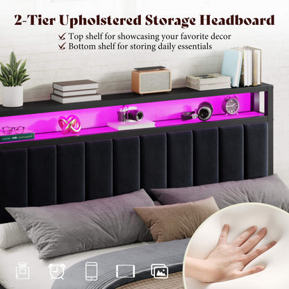 Veltrix LED Storage Velvet Bed Frame-Black