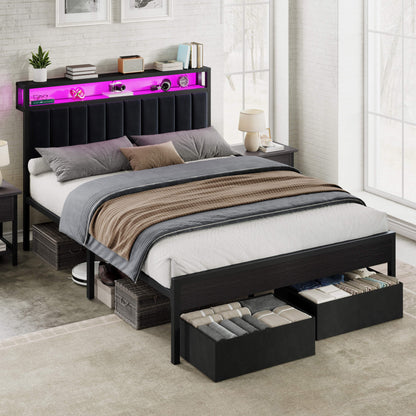 Veltrix LED Storage Velvet Bed Frame-Black