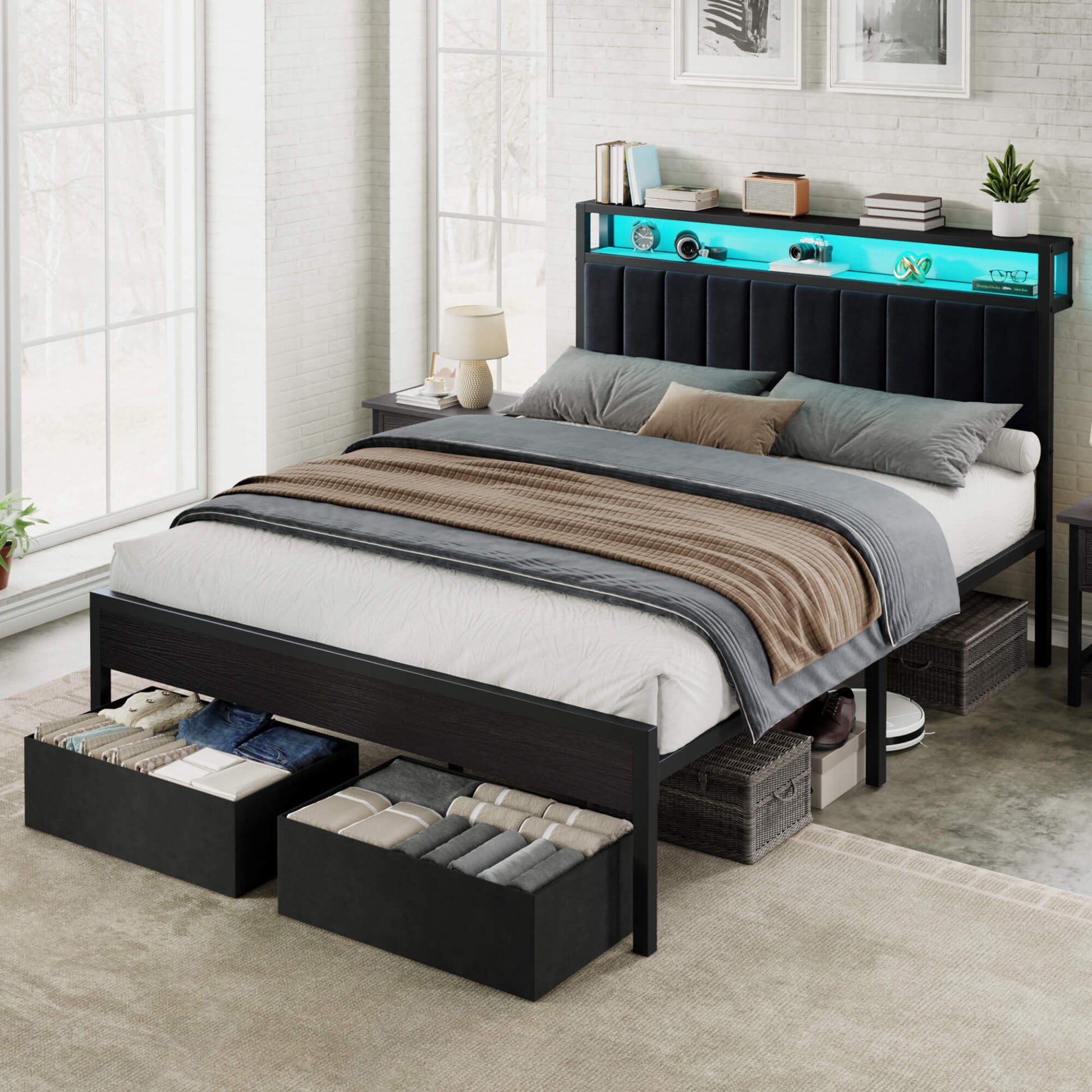Veltrix LED Storage Velvet Bed Frame-Black