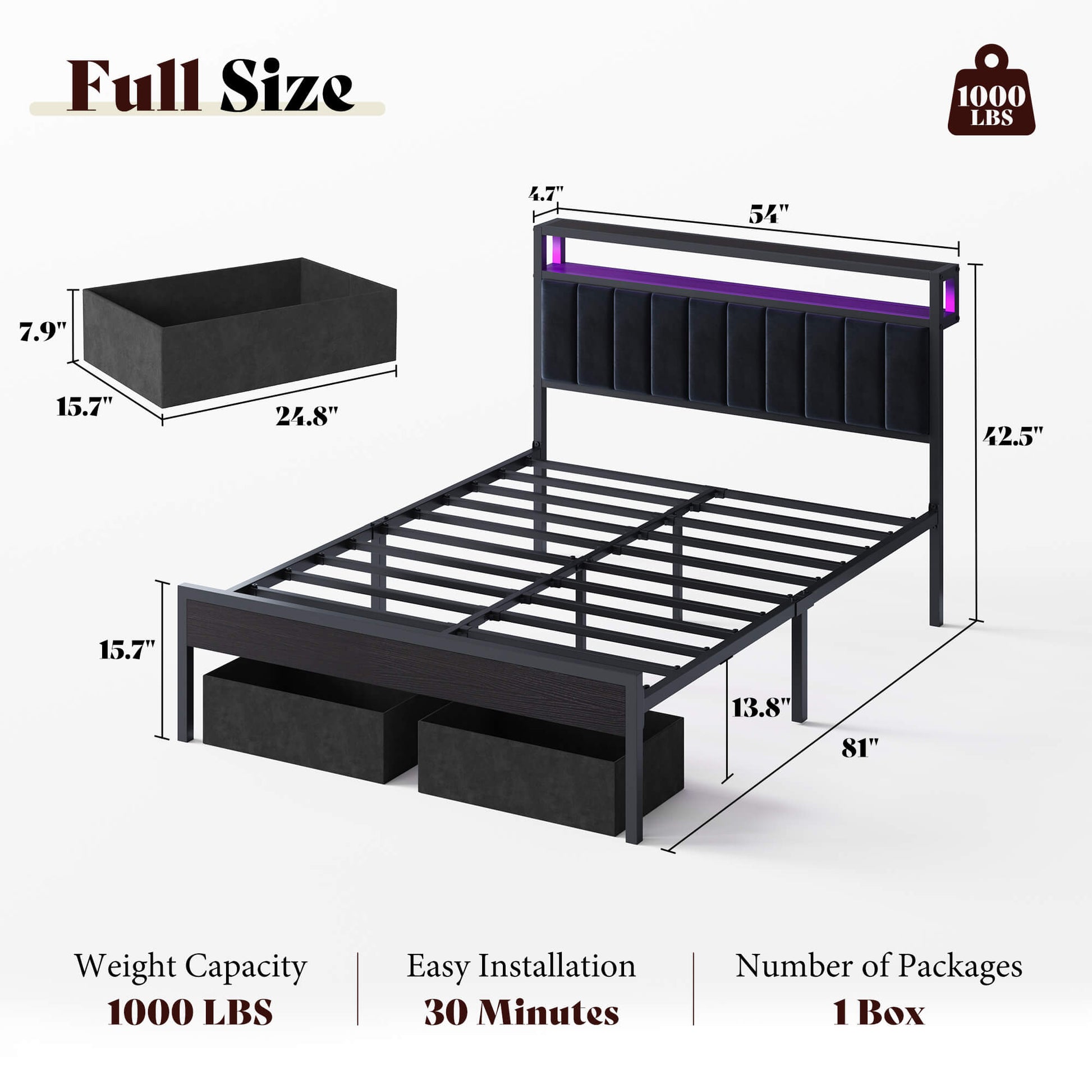 Veltrix LED Storage Velvet Bed Frame-Black