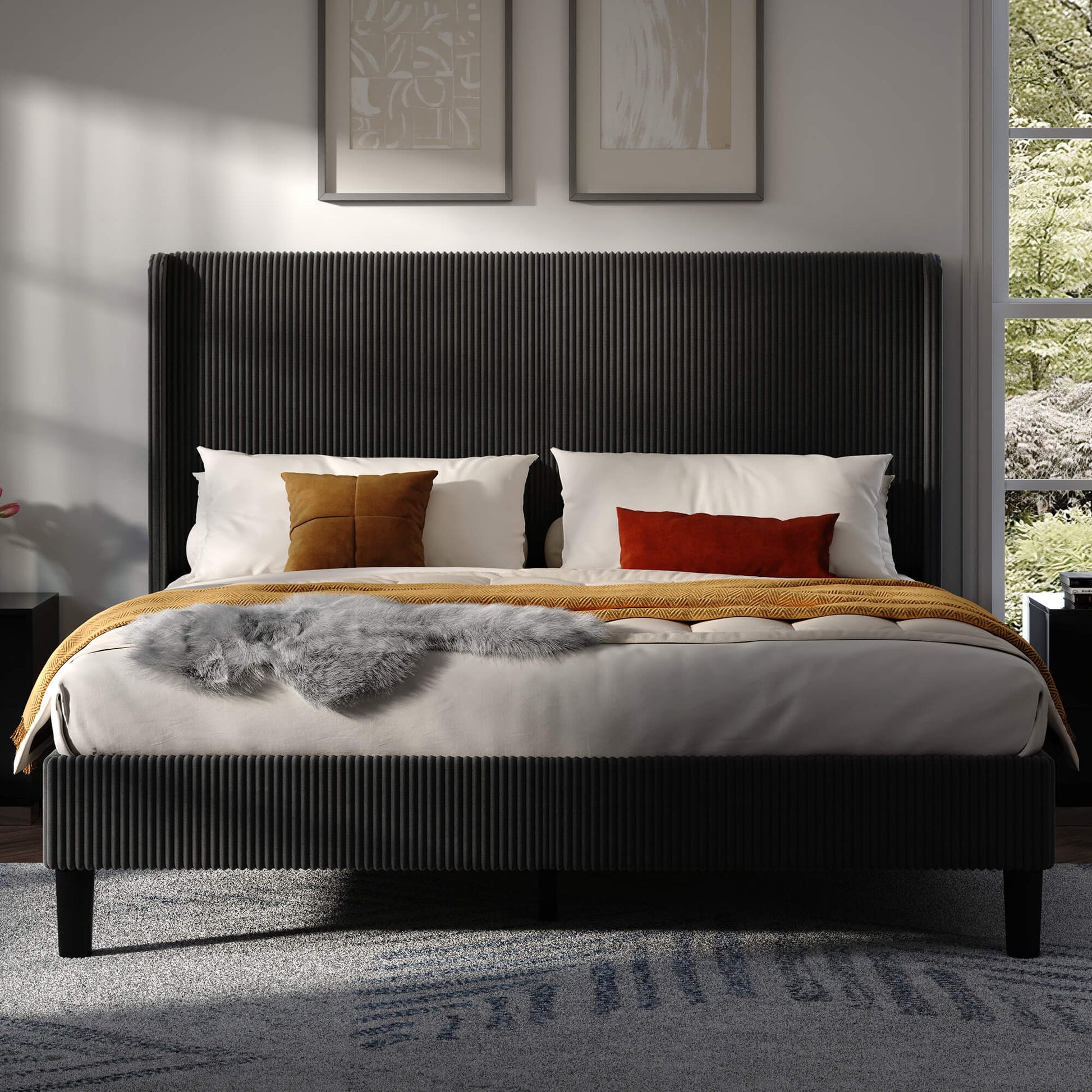 Clyvia Corduroy Upholstered Bed Frame-Full/Queen/King Amerlife
