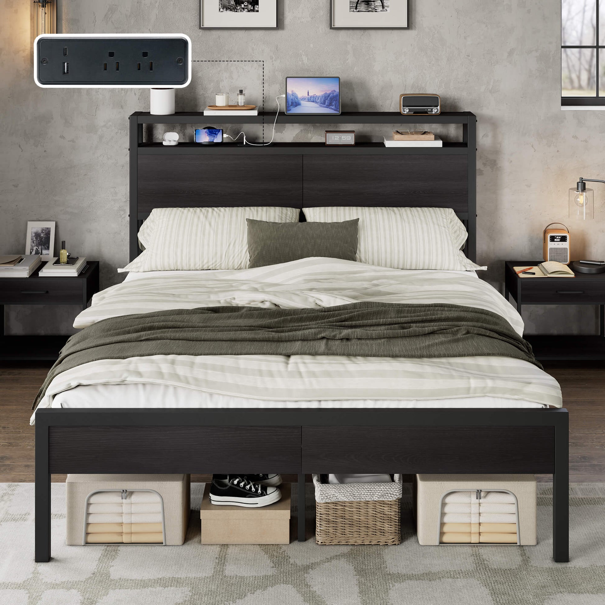 Mello Industrial Bed Frame with Storage & Charging - F-Black