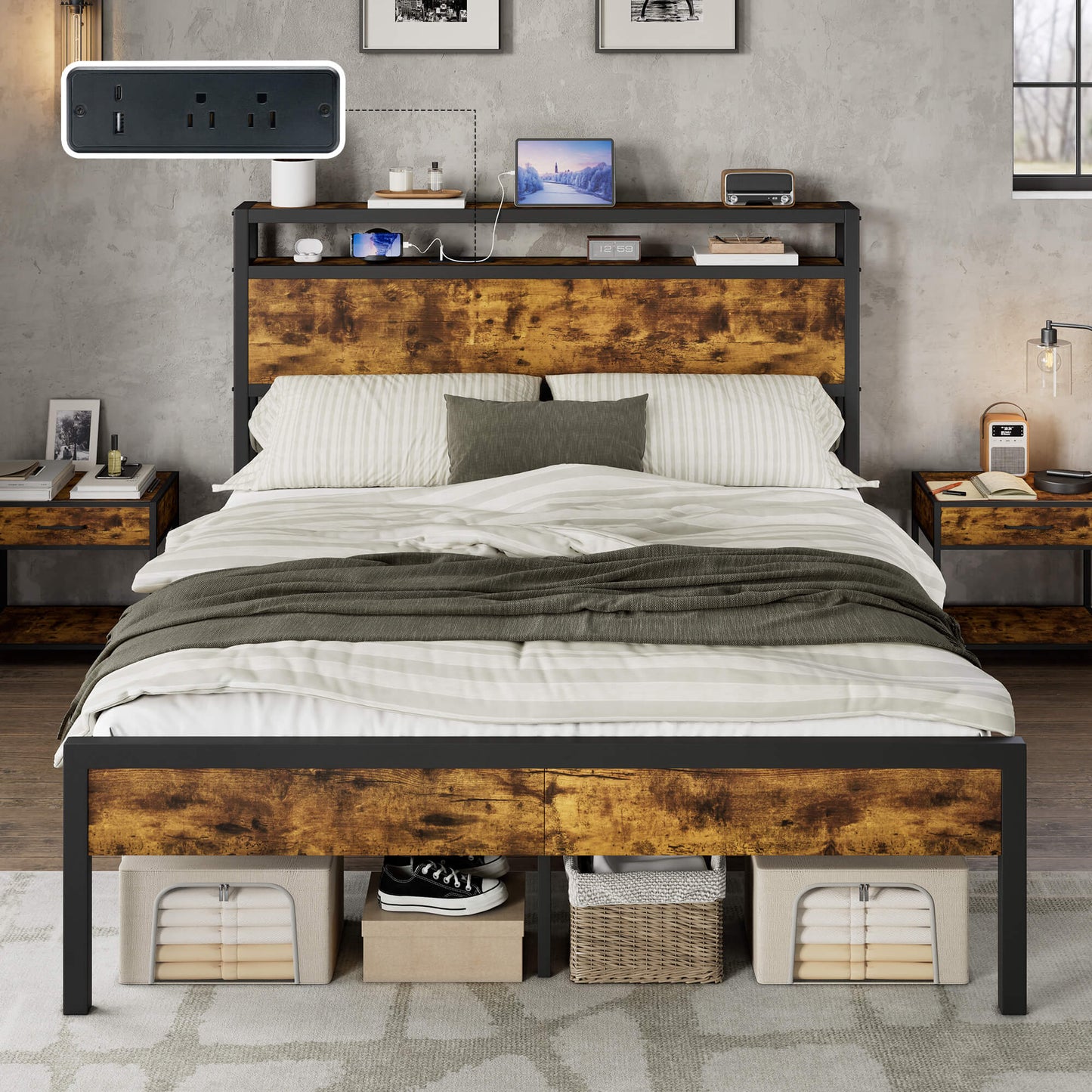 Mello Industrial Bed Frame with Storage & Charging - F-DarkBrown