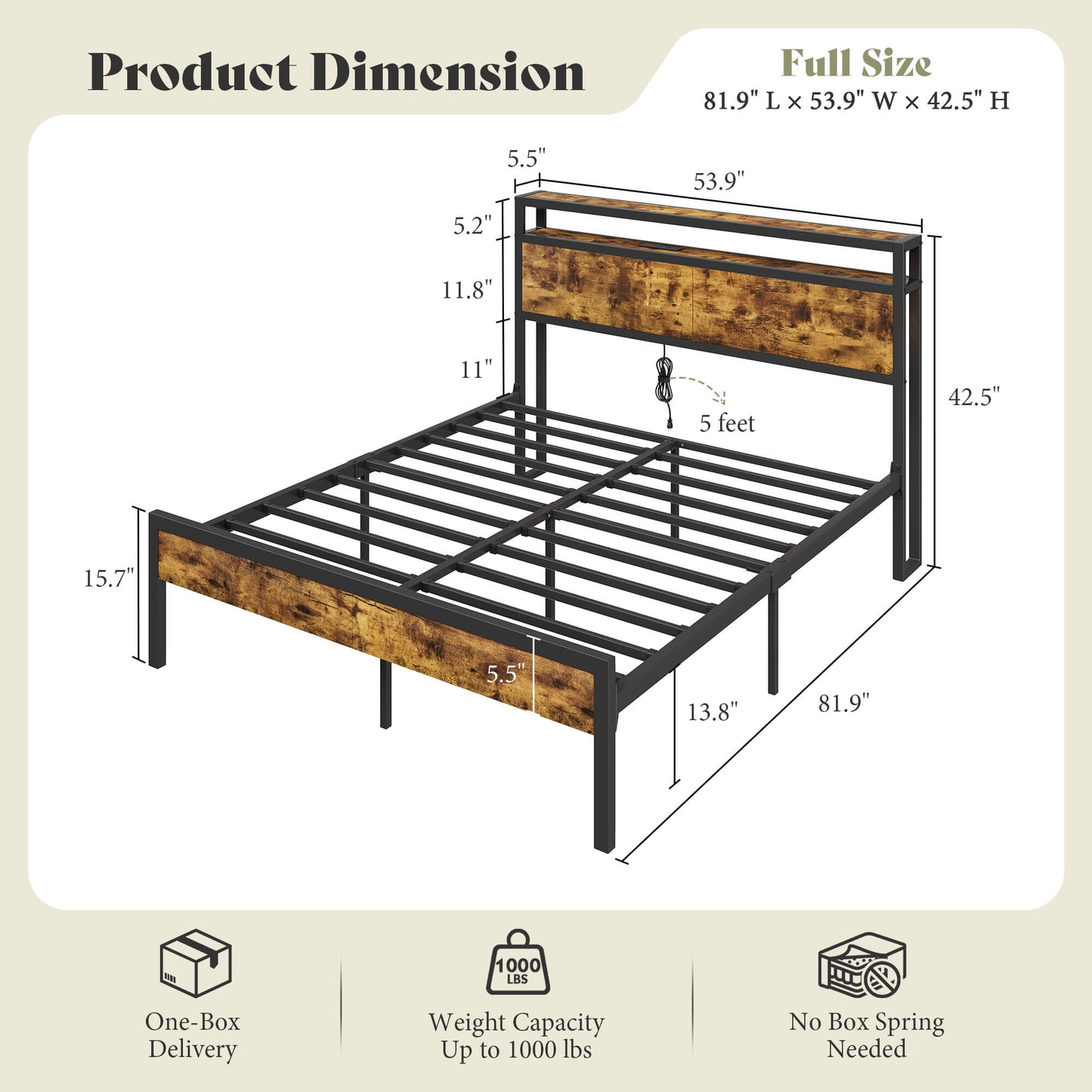 Mello Industrial Bed Frame with Storage & Charging - F-DarkBrown