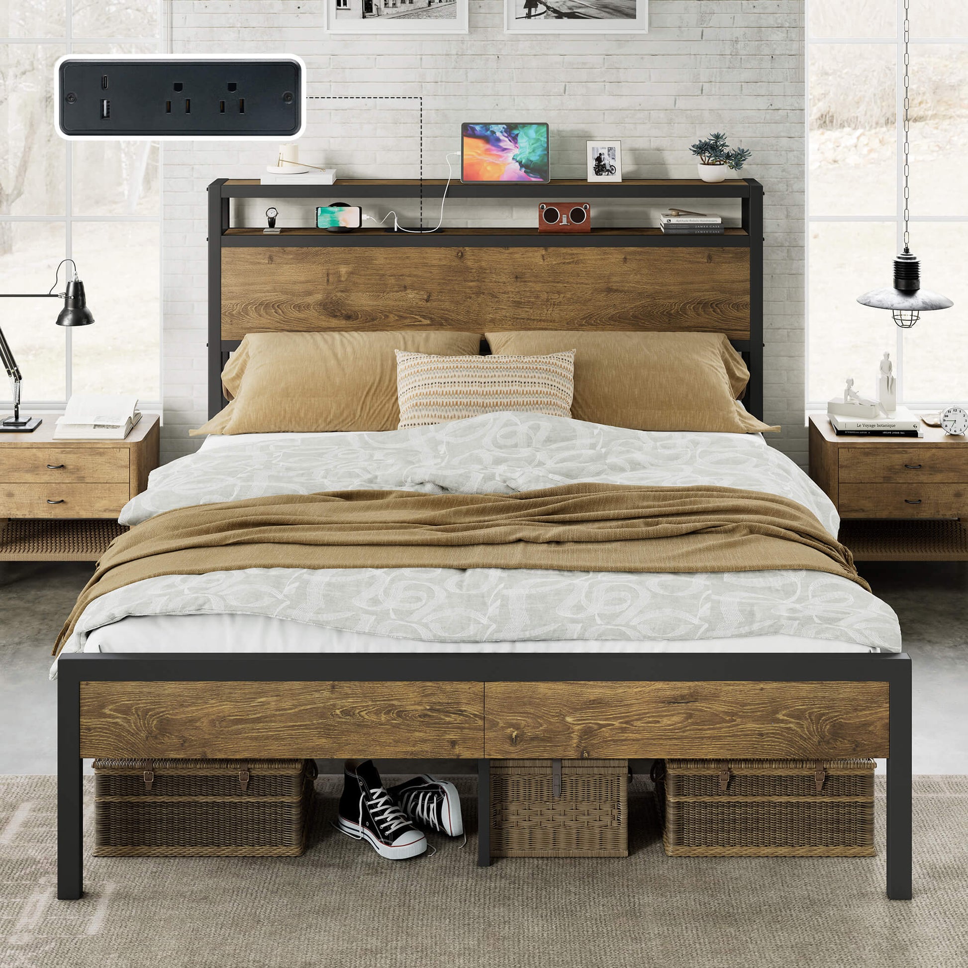 Mello Industrial Bed Frame with Storage & Charging - F-RusticBrown