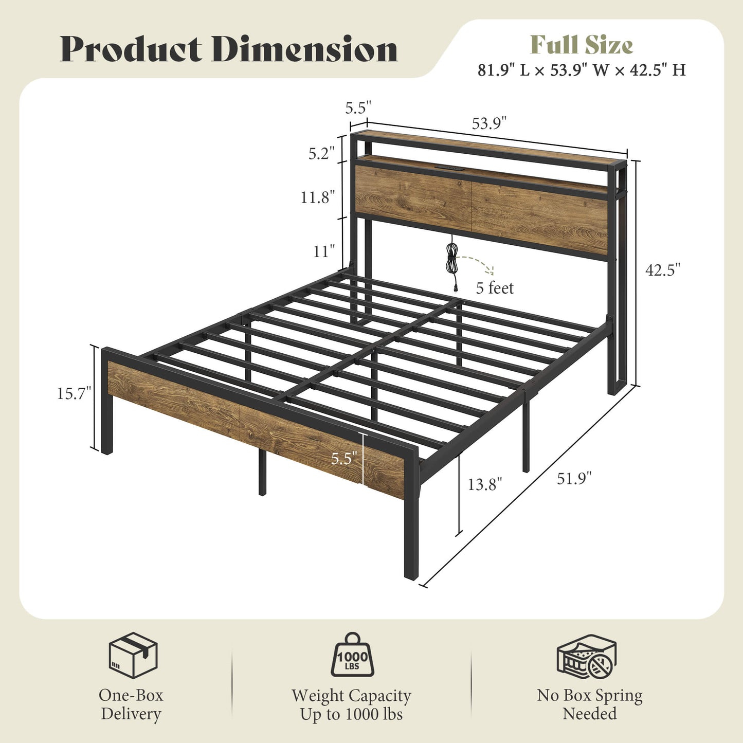 Mello Industrial Bed Frame with Storage & Charging - F-RusticBrown