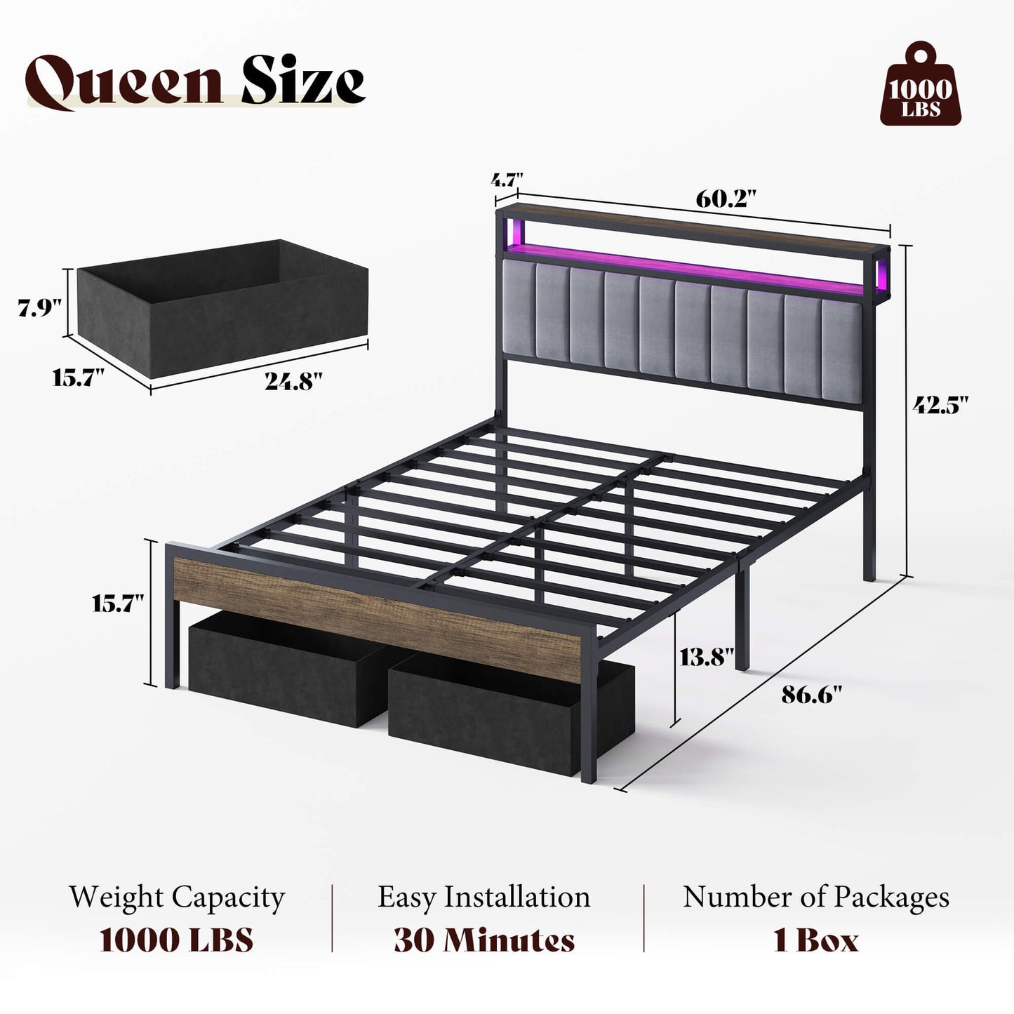 Veltrix LED Storage Velvet Bed Frame-Grey