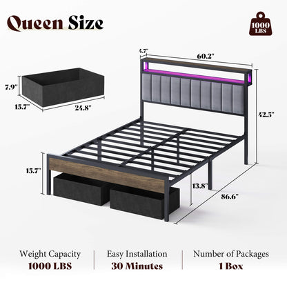 Veltrix LED Storage Velvet Bed Frame-Grey