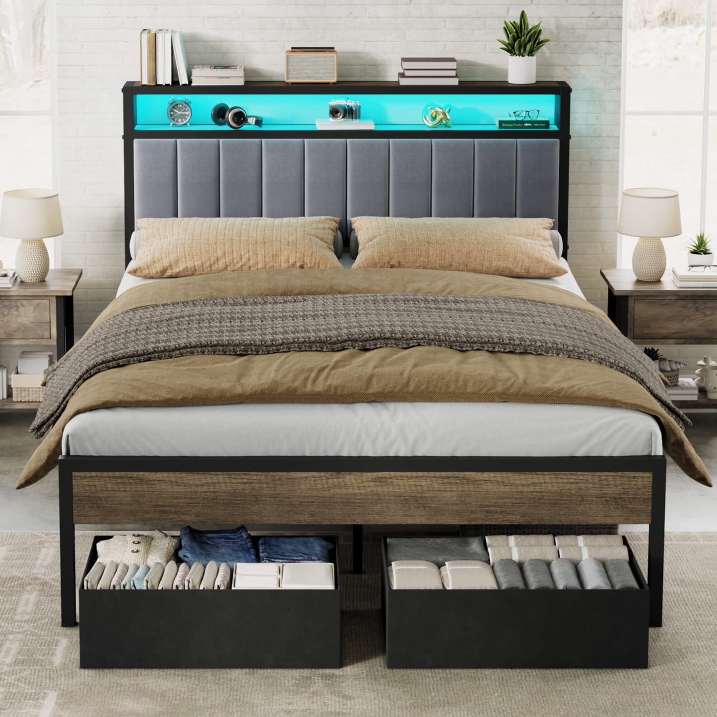 Veltrix LED Storage Velvet Bed Frame-Grey