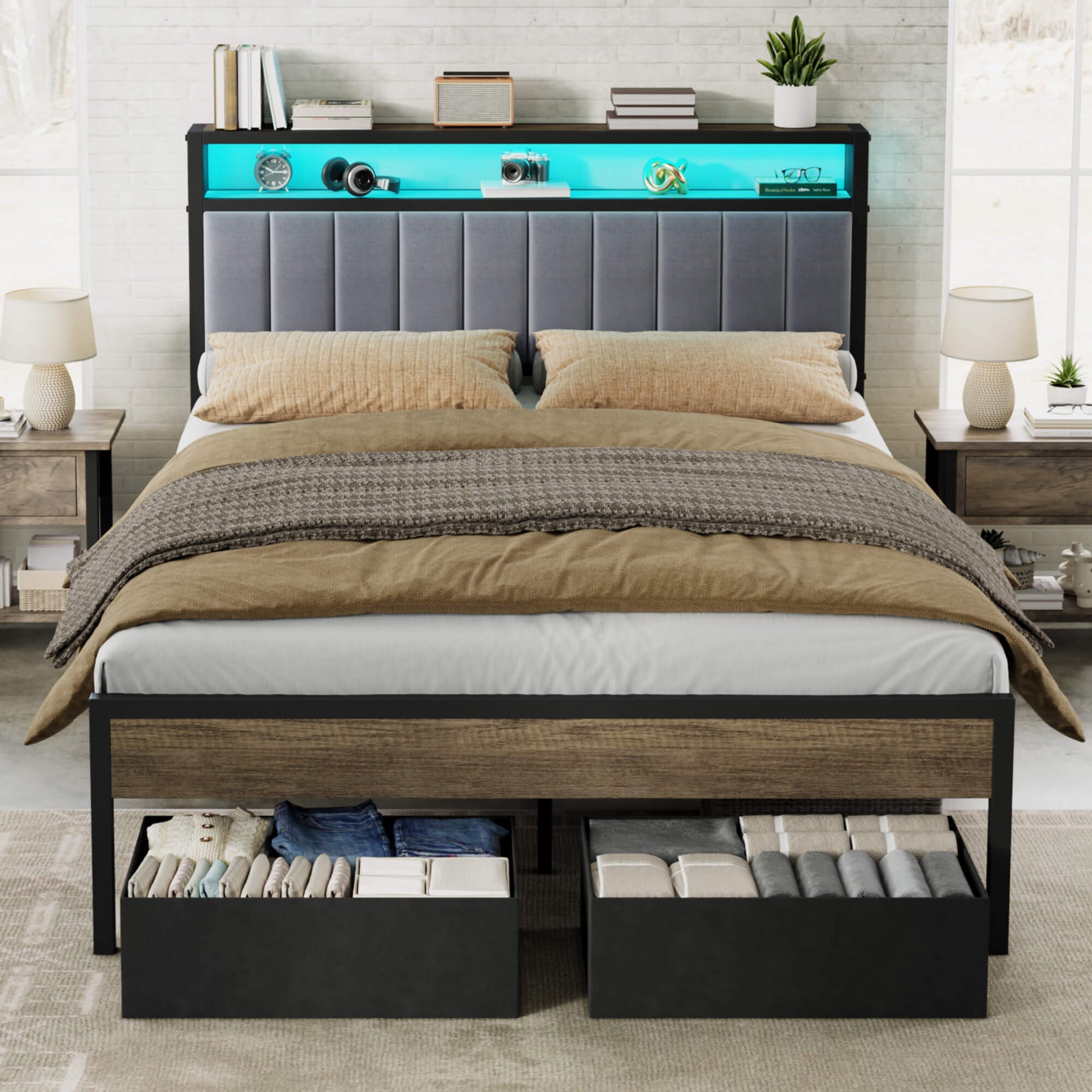 Veltrix LED Storage Velvet Bed Frame-Grey