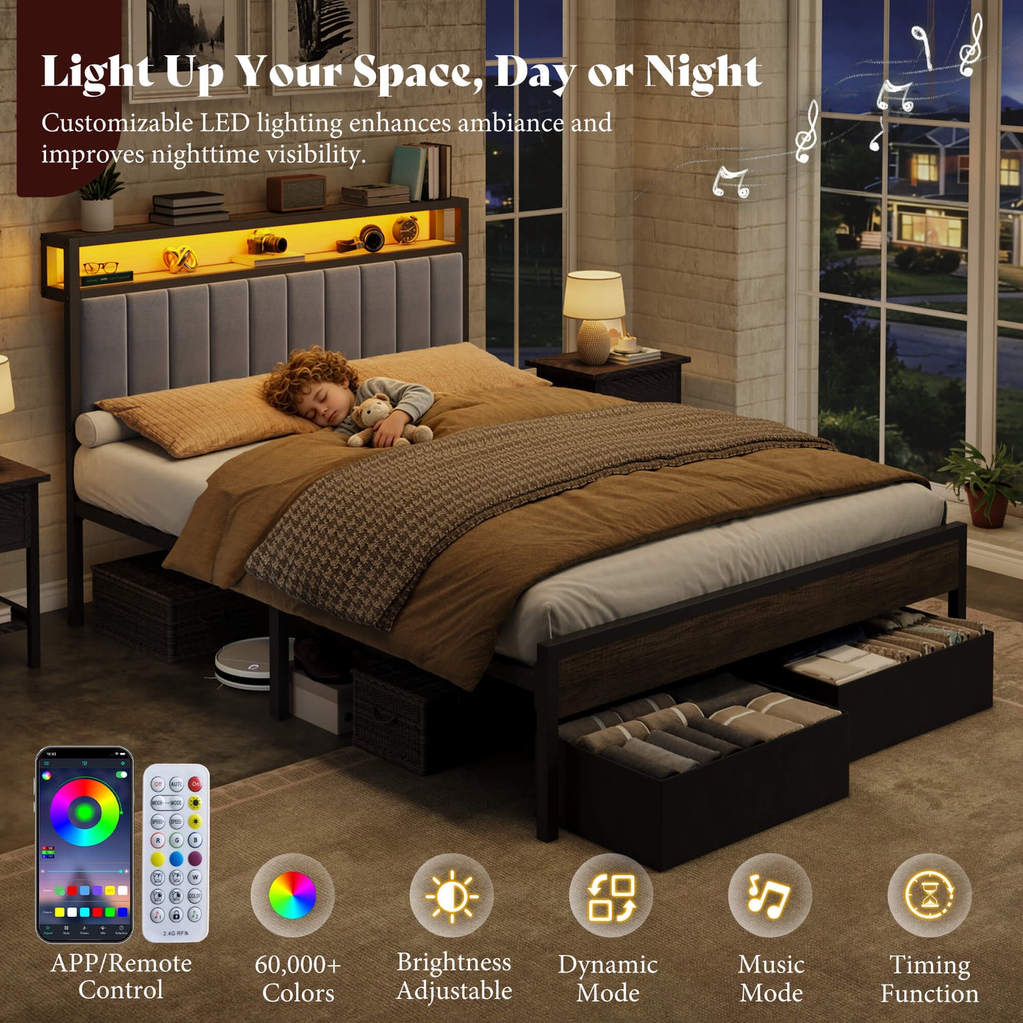 Veltrix LED Storage Velvet Bed Frame-Grey