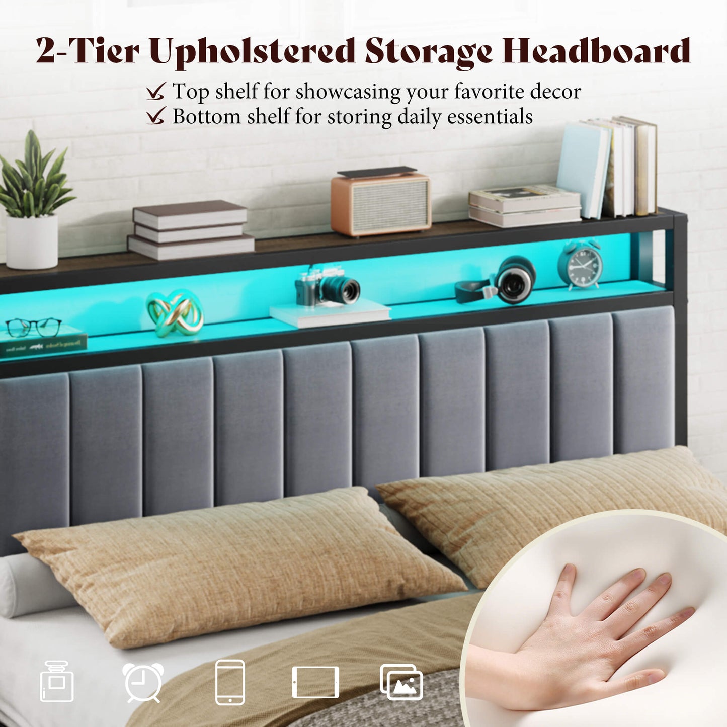 Veltrix LED Storage Velvet Bed Frame-Grey