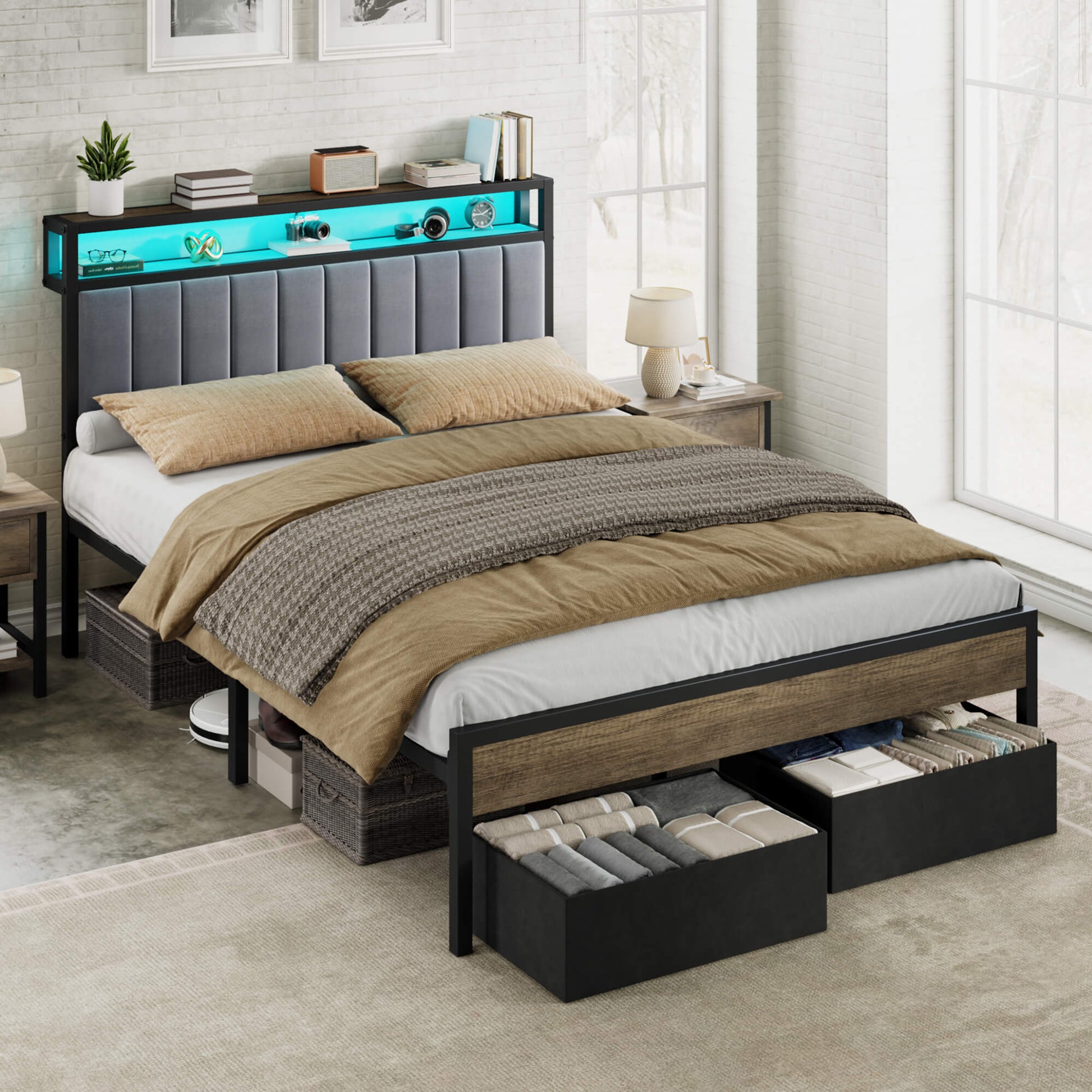 Veltrix LED Storage Velvet Bed Frame-Grey