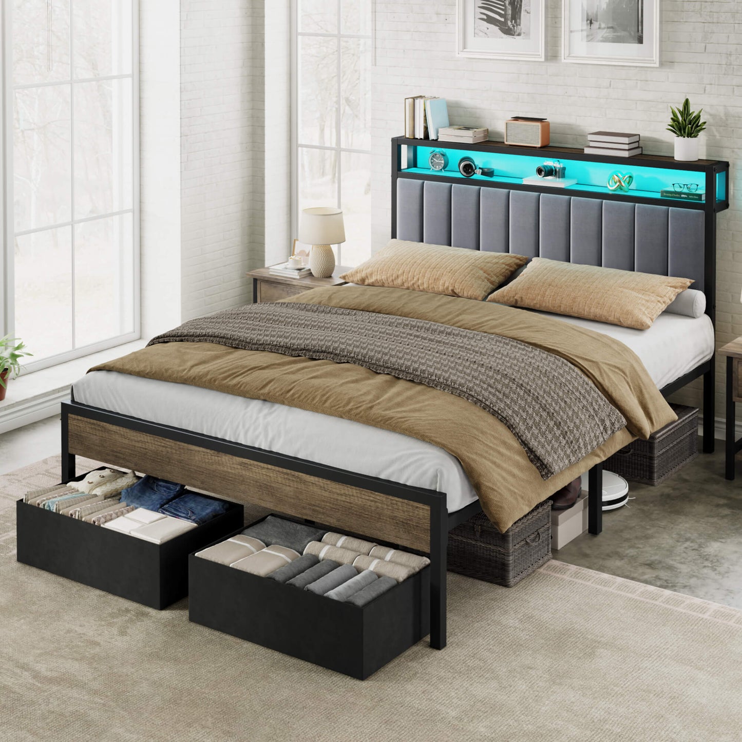 Veltrix LED Storage Velvet Bed Frame-Grey