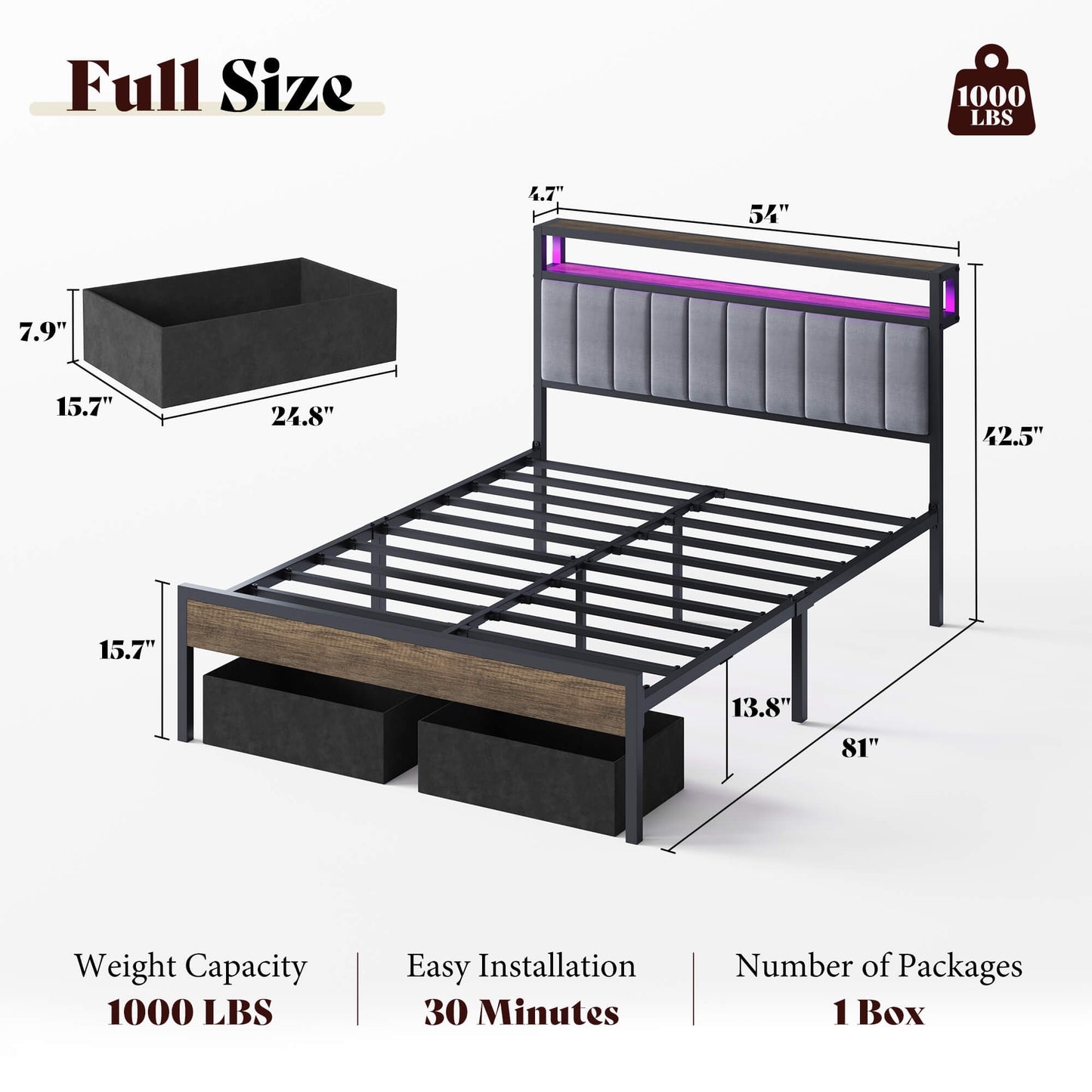 Veltrix LED Storage Velvet Bed Frame-Grey