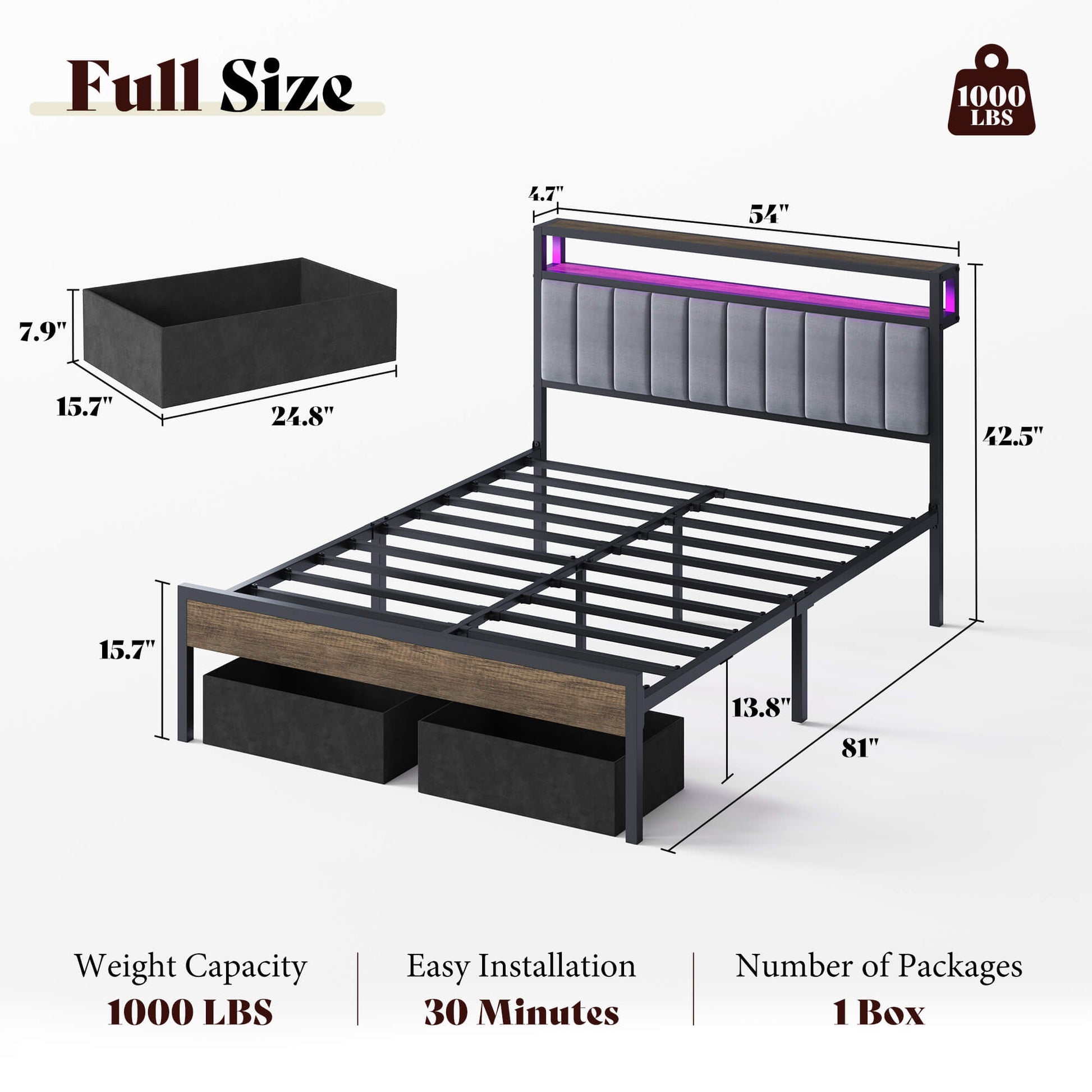 Veltrix LED Storage Velvet Bed Frame-Grey