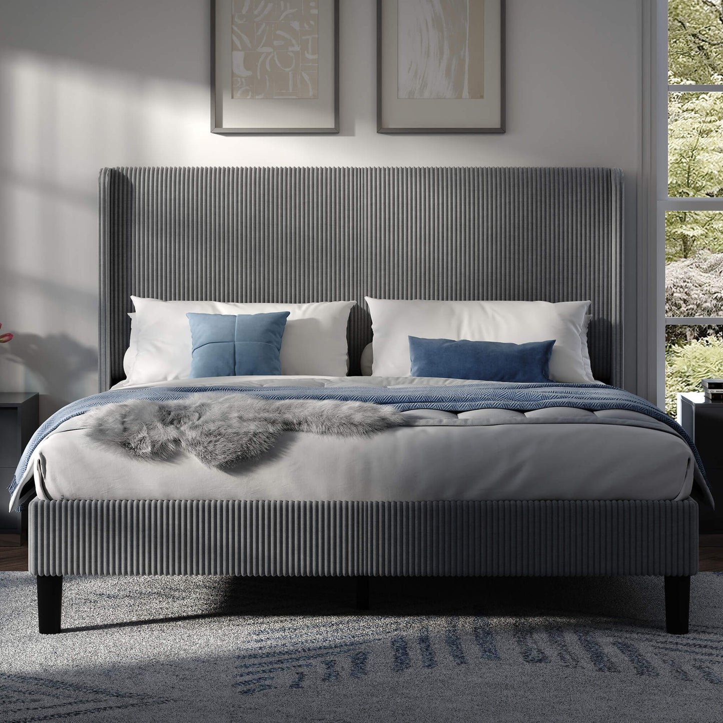 Clyvia Corduroy Upholstered Bed Frame-Full/Queen/King Amerlife