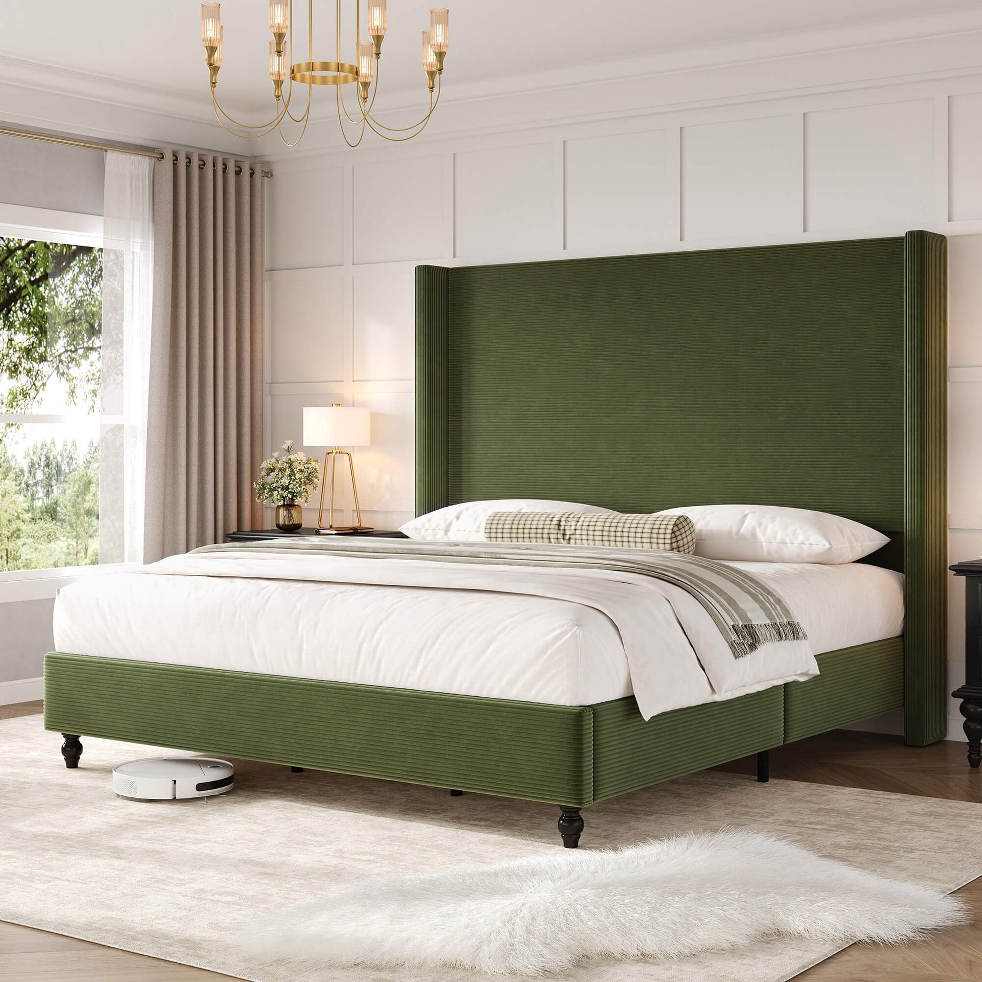 Cordelle Corduroy Wingback Bed Frame-K-Green