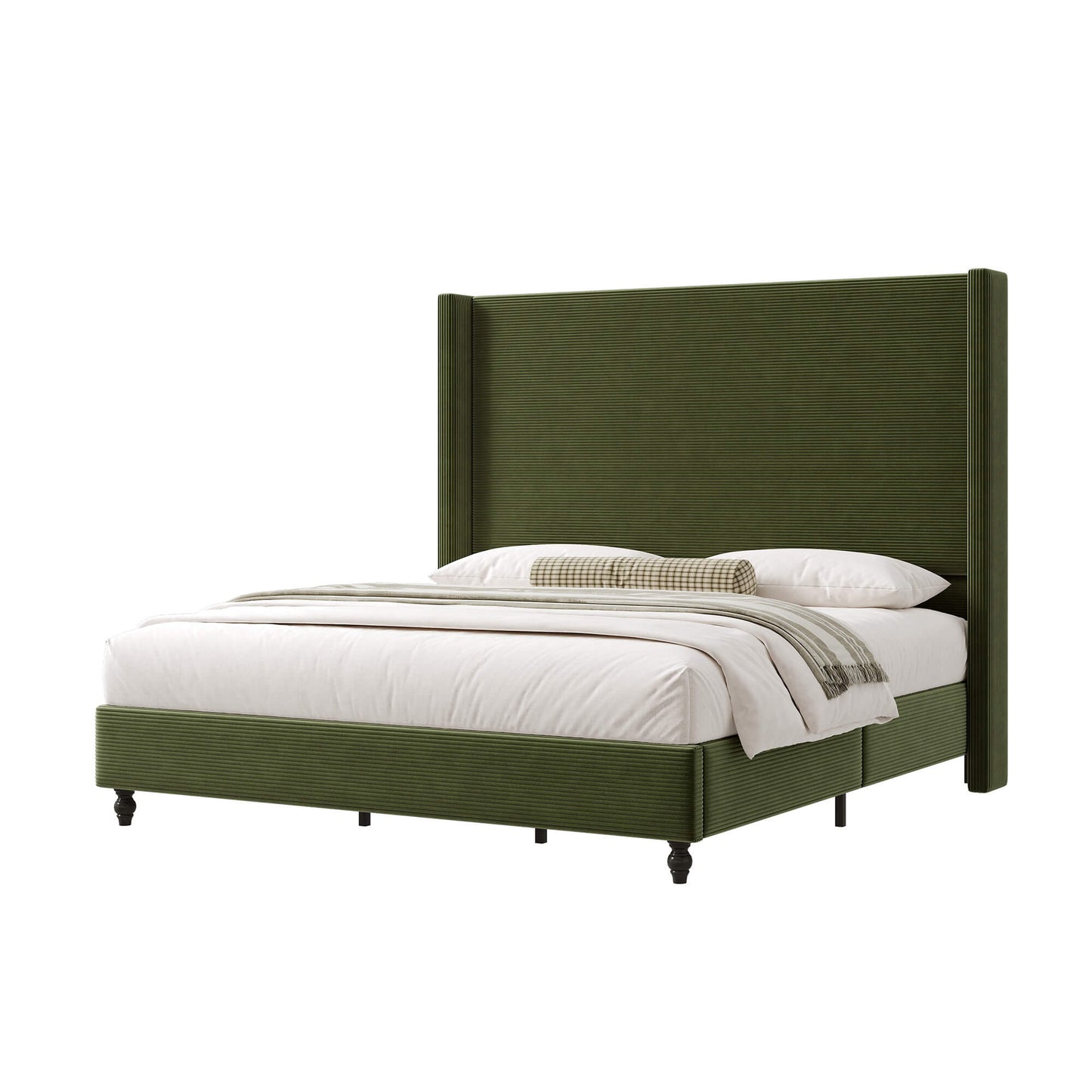 Cordelle Corduroy Wingback Bed Frame-K-Green