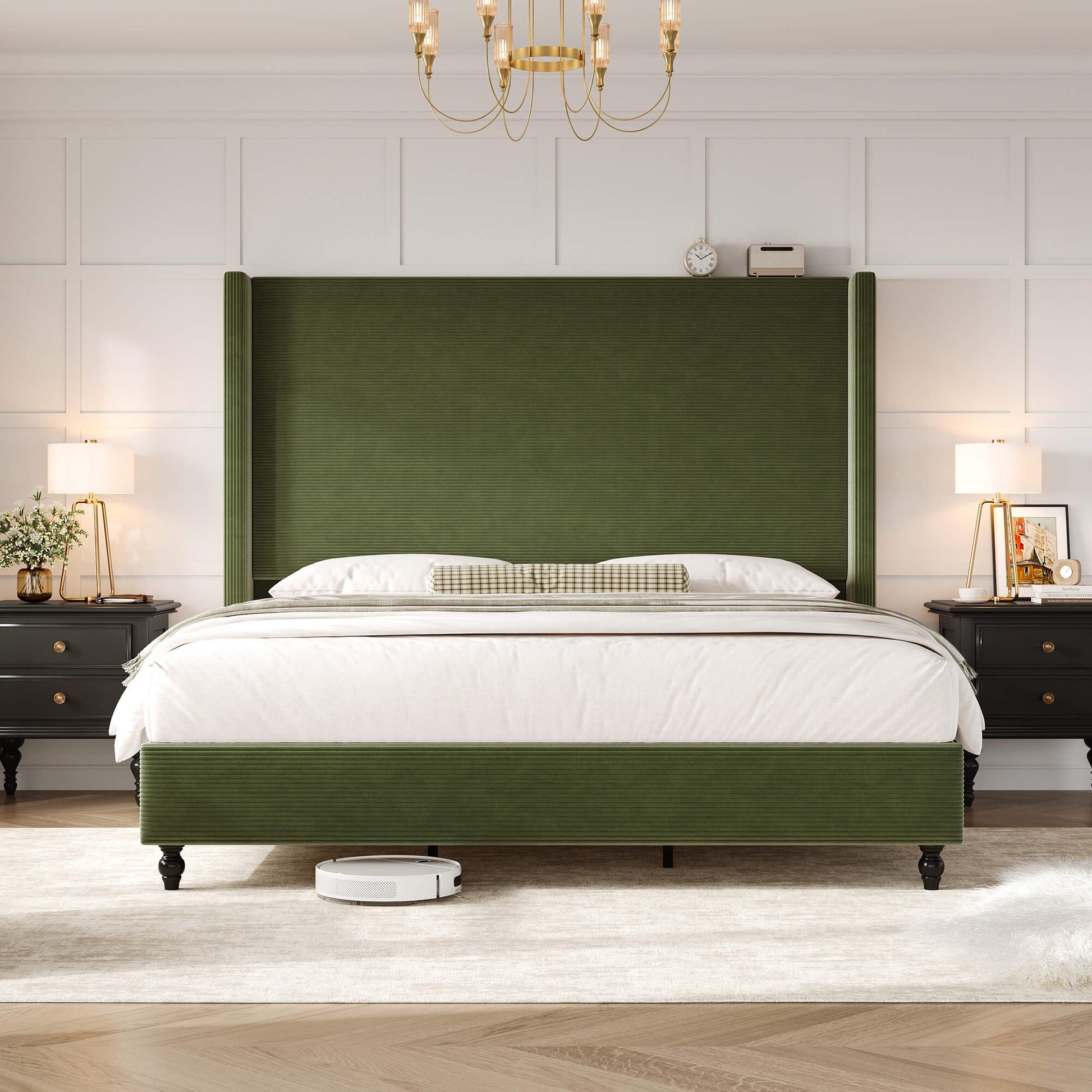 Cordelle Corduroy Wingback Bed Frame-K-Green