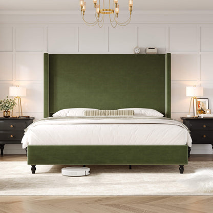 Cordelle Corduroy Wingback Bed Frame-K-Green