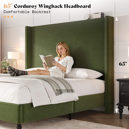 Cordelle Corduroy Wingback Bed Frame-K-Green