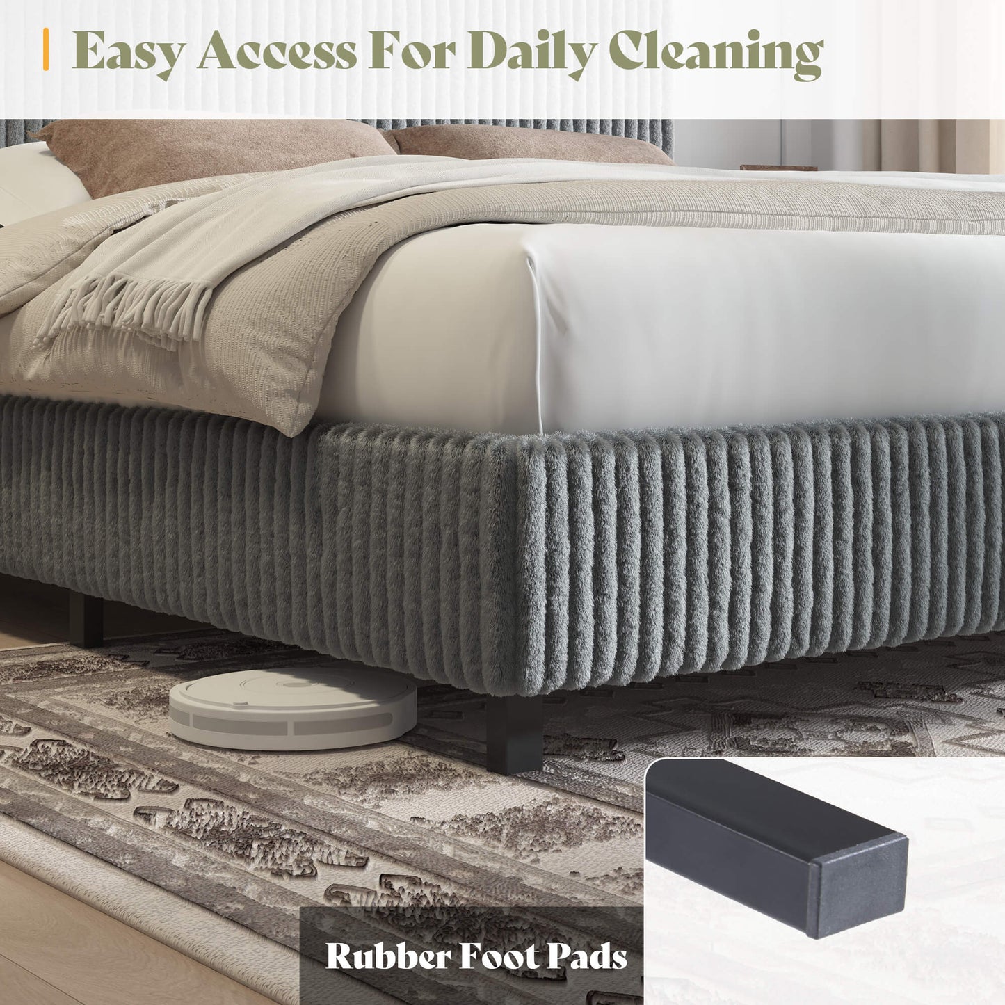 Velmure Corduroy Platform Bed Frame - K-Grey