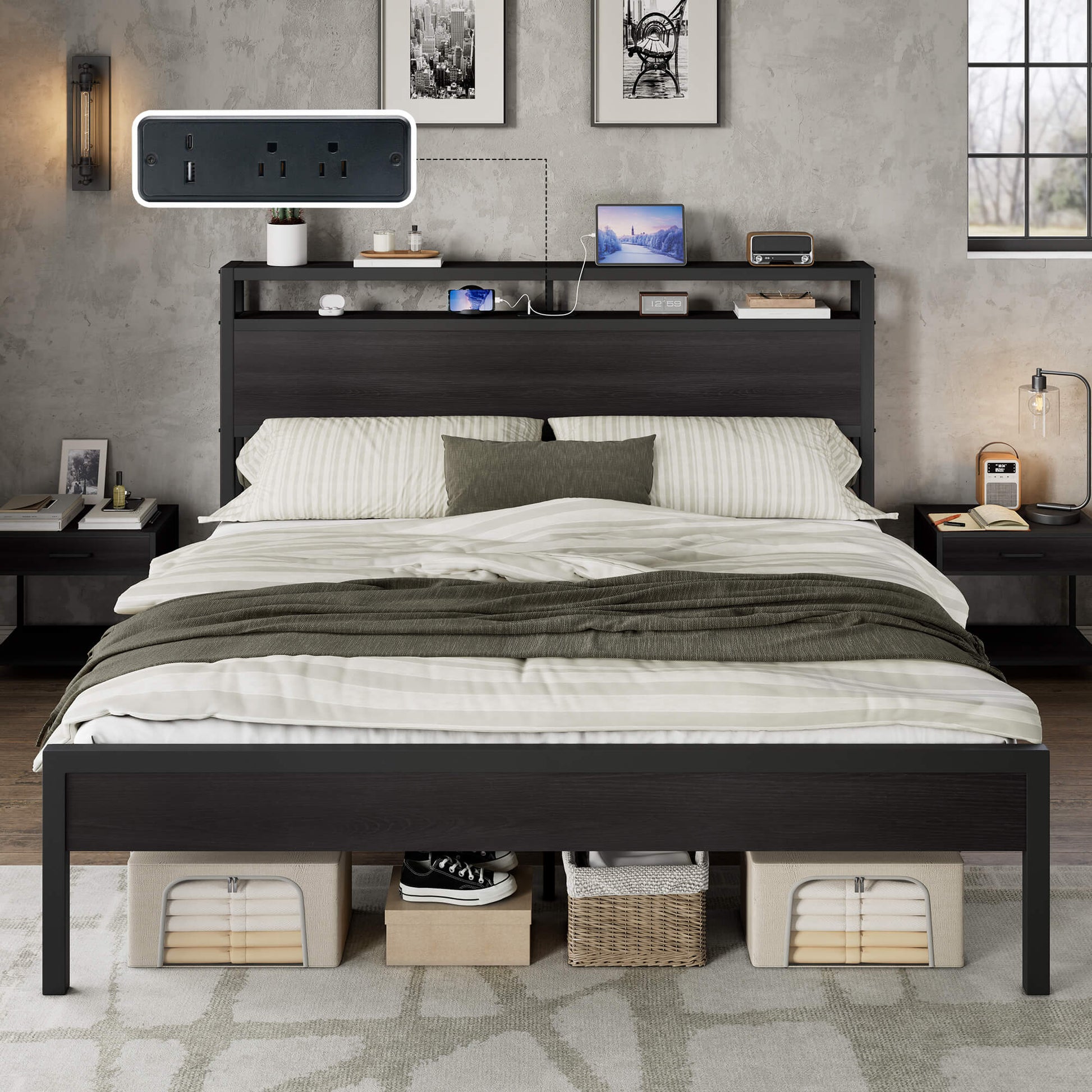 Mello Industrial Bed Frame with Storage & Charging - K-Black