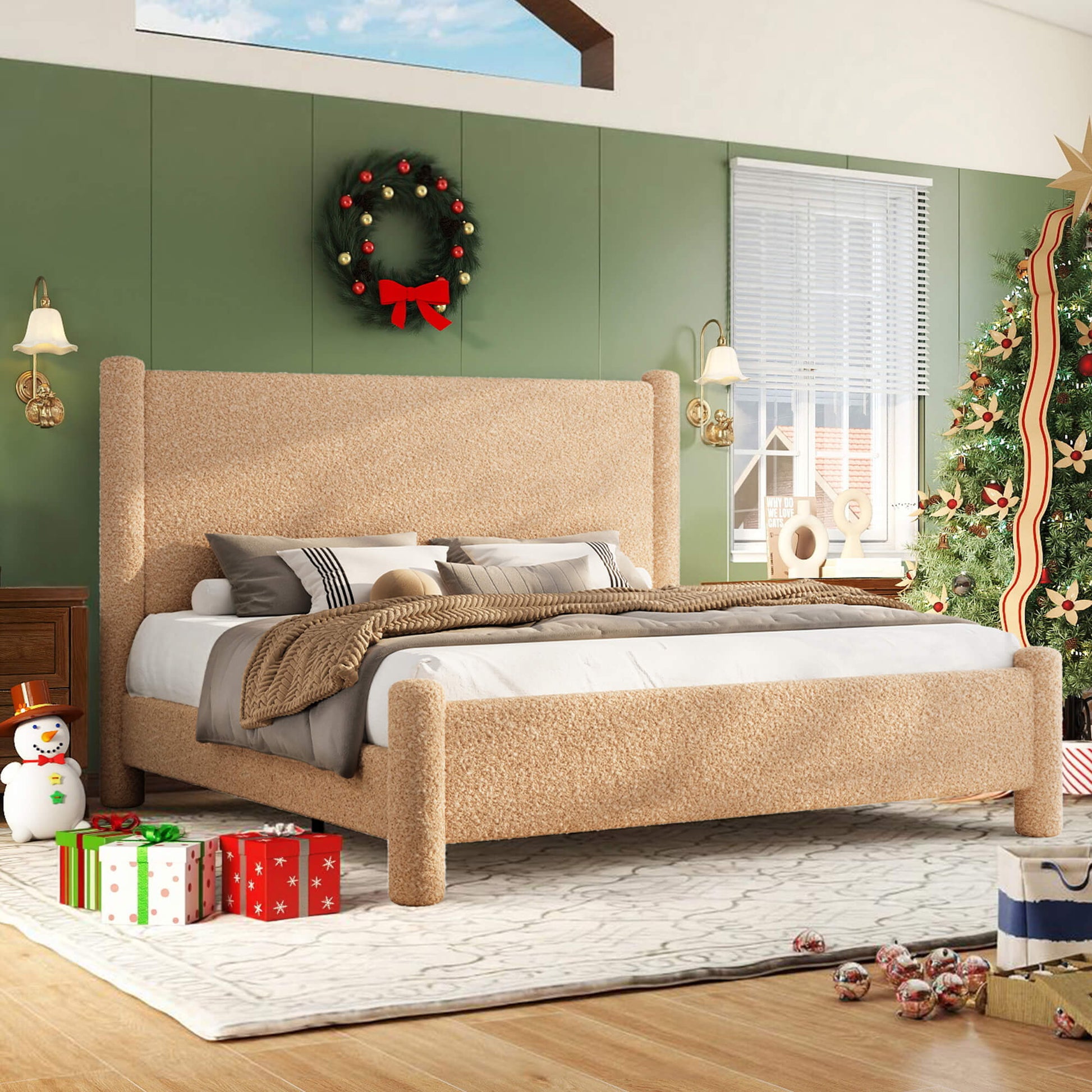 Cloudscape Boucle Upholstered Bed Frame-King_Khaki