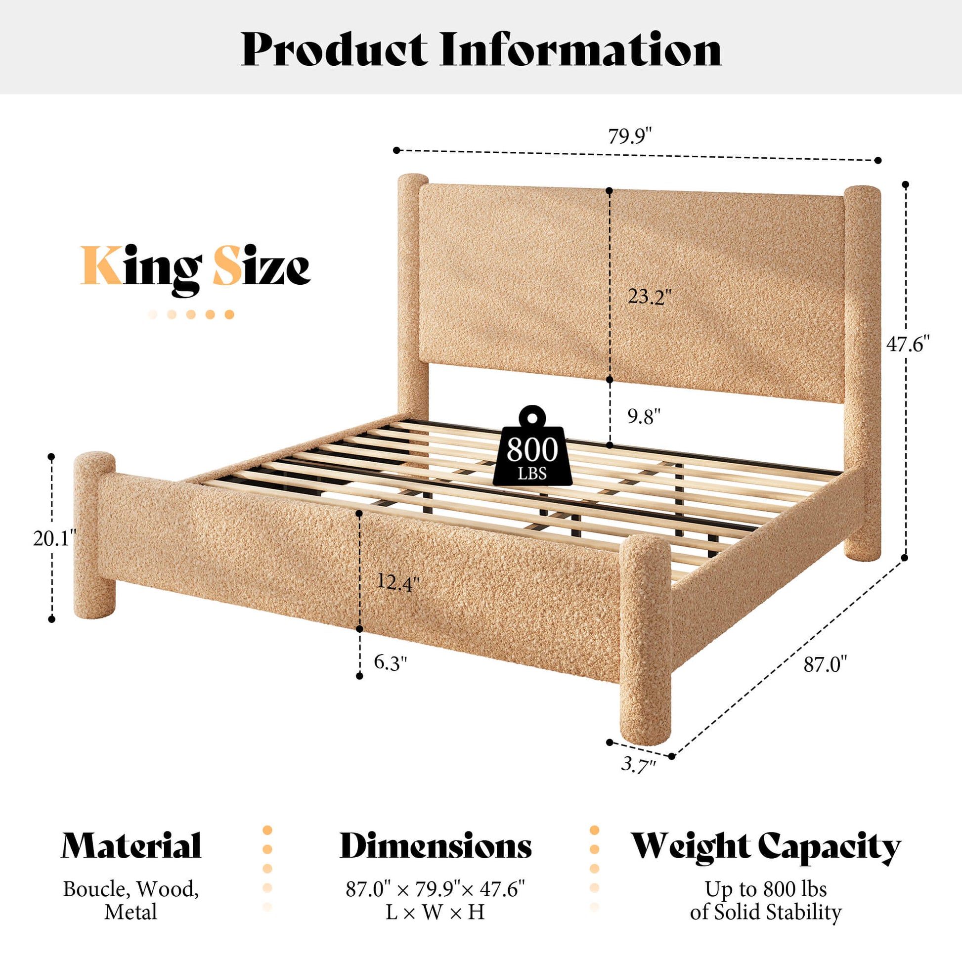 Cloudscape Boucle Upholstered Bed Frame-King_Khaki