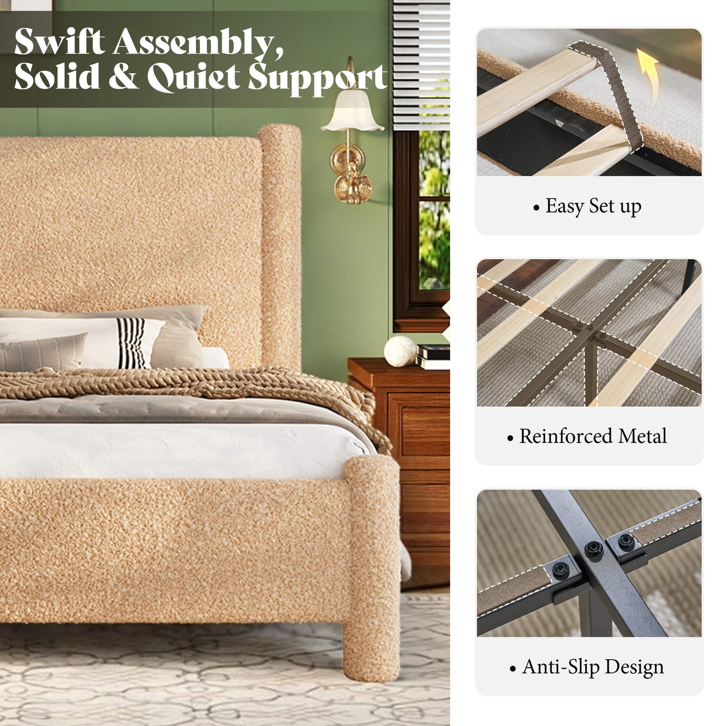 Cloudscape Boucle Upholstered Bed Frame-King_Khaki