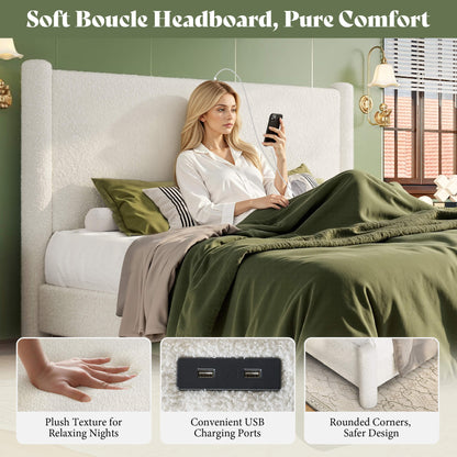 Cloudscape Boucle Upholstered Bed Frame-King_White