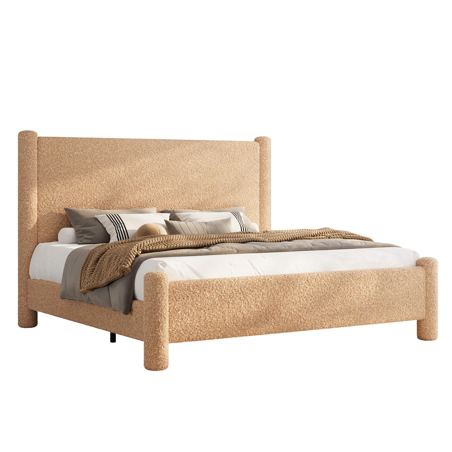 Cloudscape Boucle Upholstered Bed Frame-Queen_Khaki
