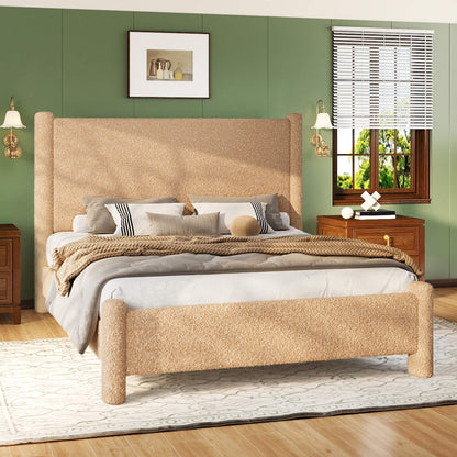 Cloudscape Boucle Upholstered Bed Frame-Queen_Khaki
