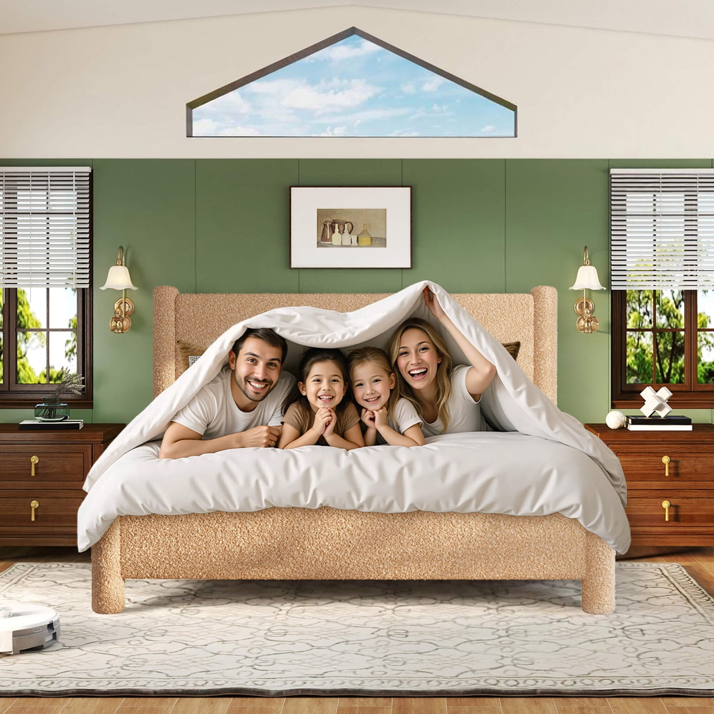 Cloudscape Boucle Upholstered Bed Frame-Queen_Khaki