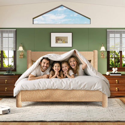 Cloudscape Boucle Upholstered Bed Frame-Queen_Khaki