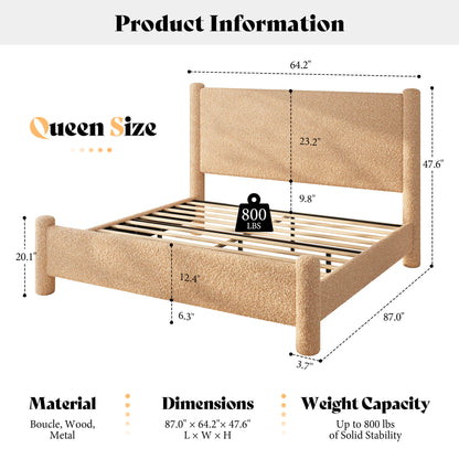 Cloudscape Boucle Upholstered Bed Frame-Queen_Khaki