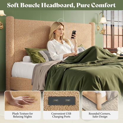 Cloudscape Boucle Upholstered Bed Frame-Queen_Khaki