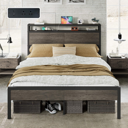 Mello Industrial Bed Frame with Storage & Charging - Q-RusticGrey