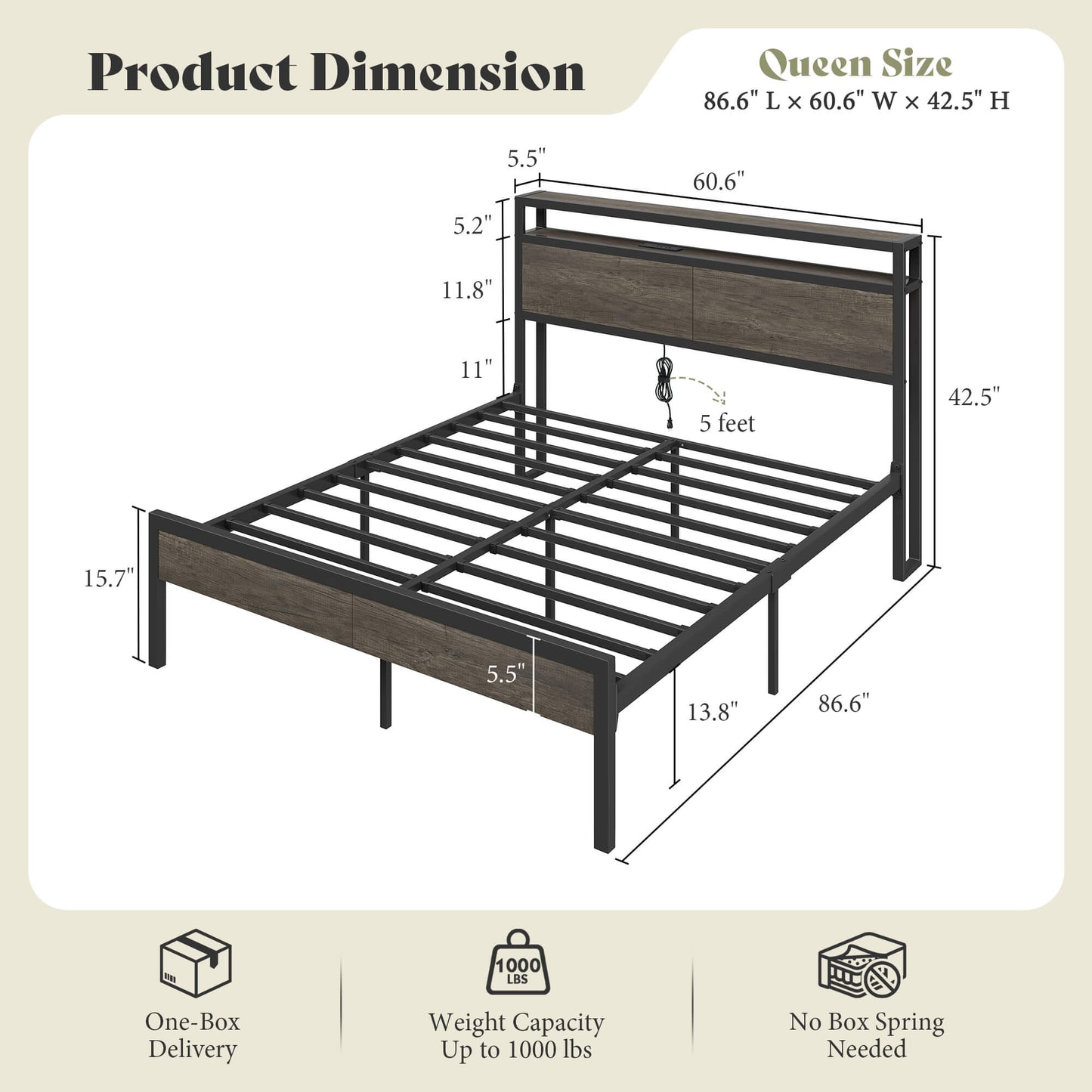 Mello Industrial Bed Frame with Storage & Charging - Q-RusticGrey