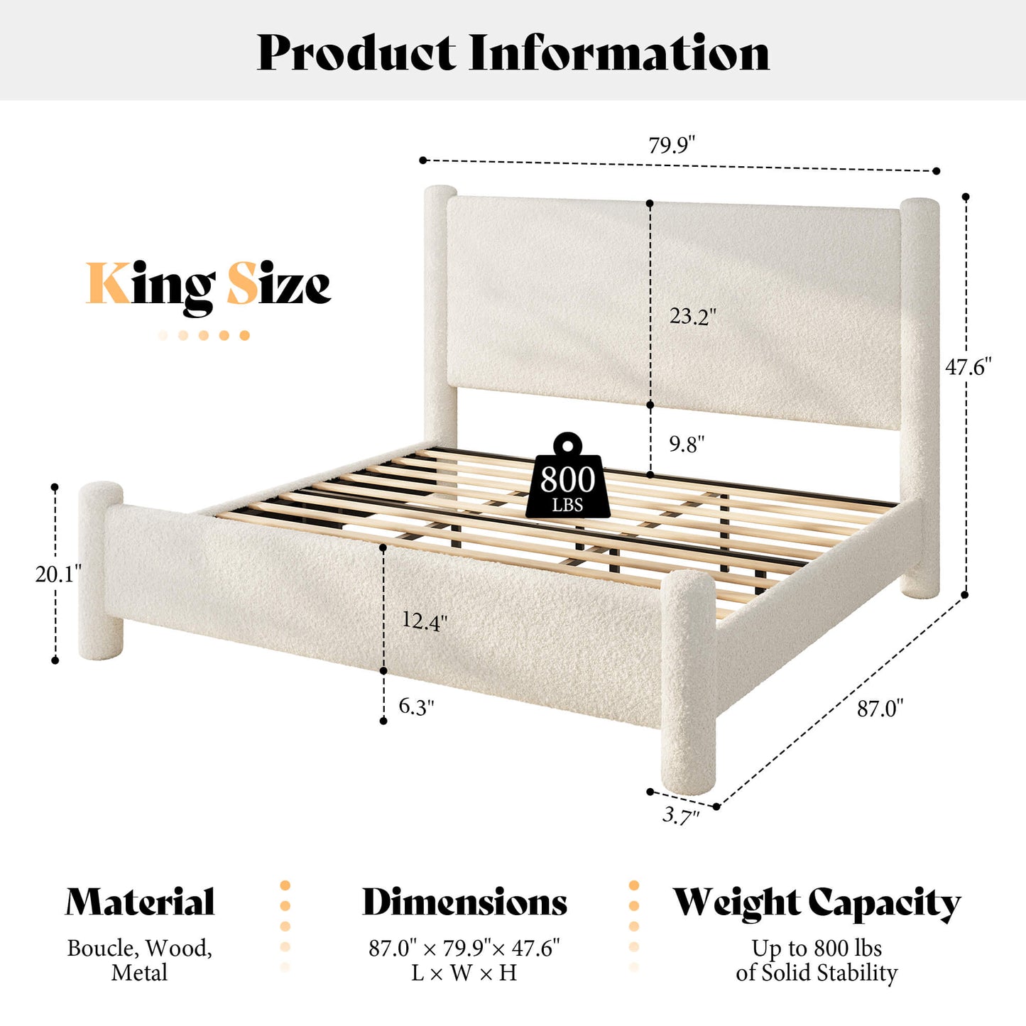 Cloudscape Boucle Upholstered Bed Frame-Queen_White