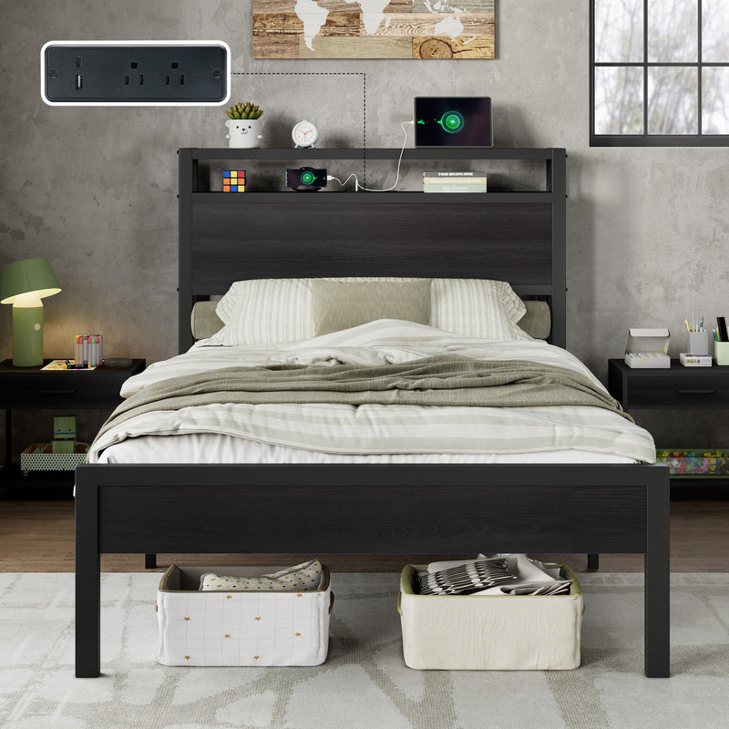 Mello Industrial Bed Frame with Storage & Charging - T-Black