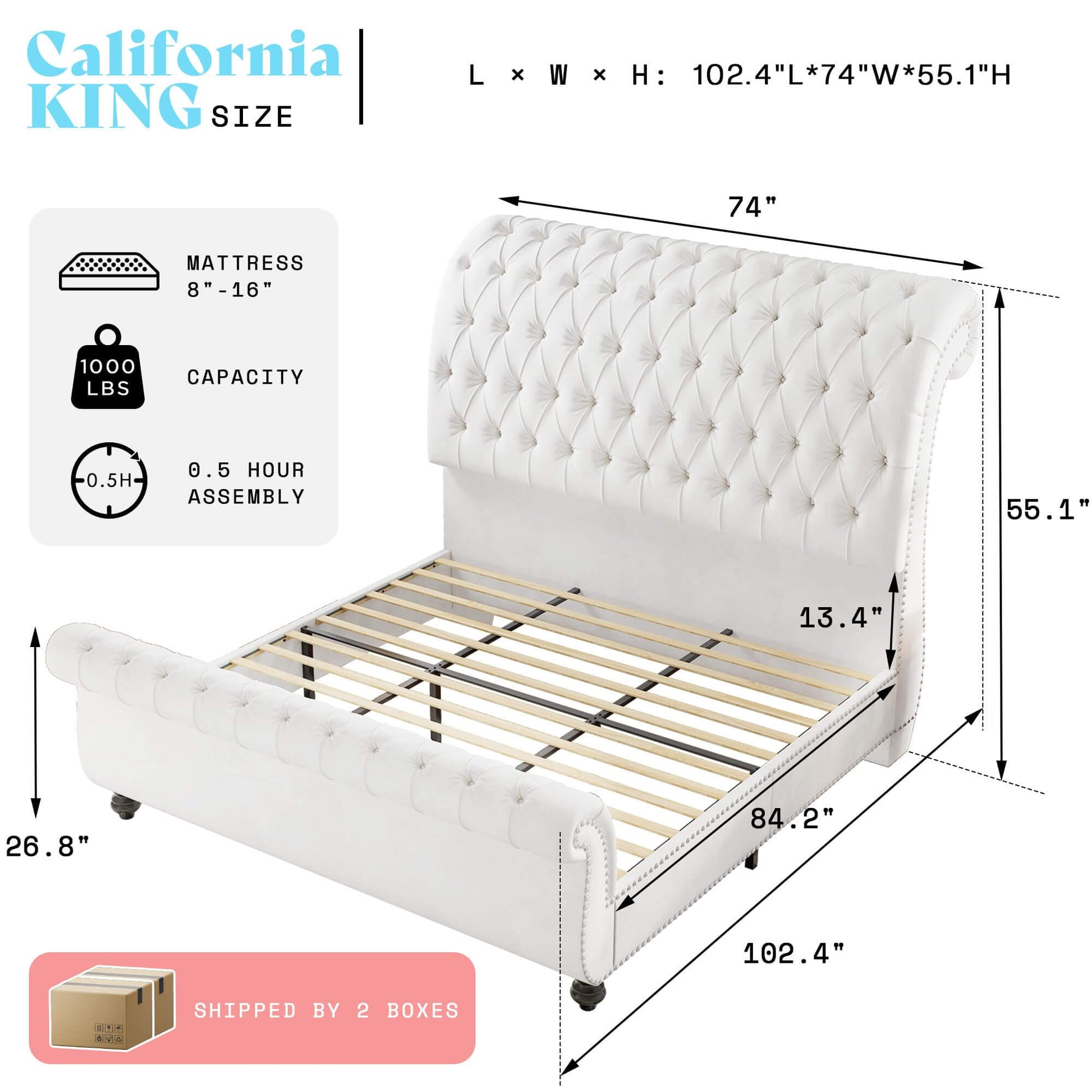 Windsor Sleigh Bed Frame -White