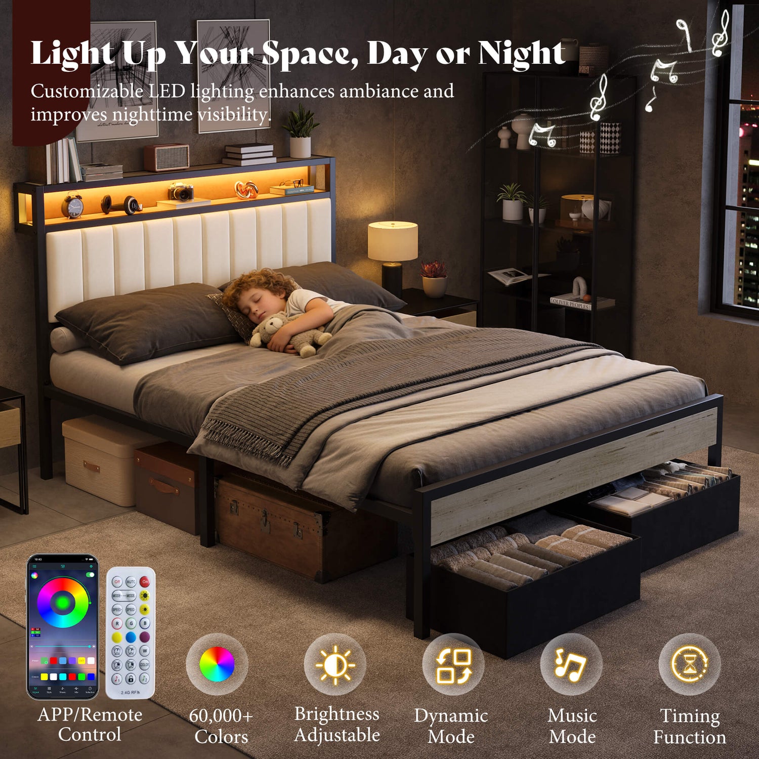 Veltrix LED Storage Velvet Bed Frame-White
