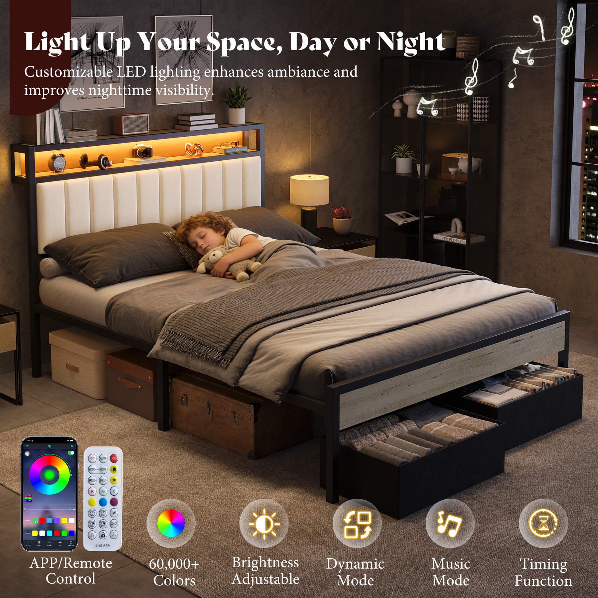 Veltrix LED Storage Velvet Bed Frame-White