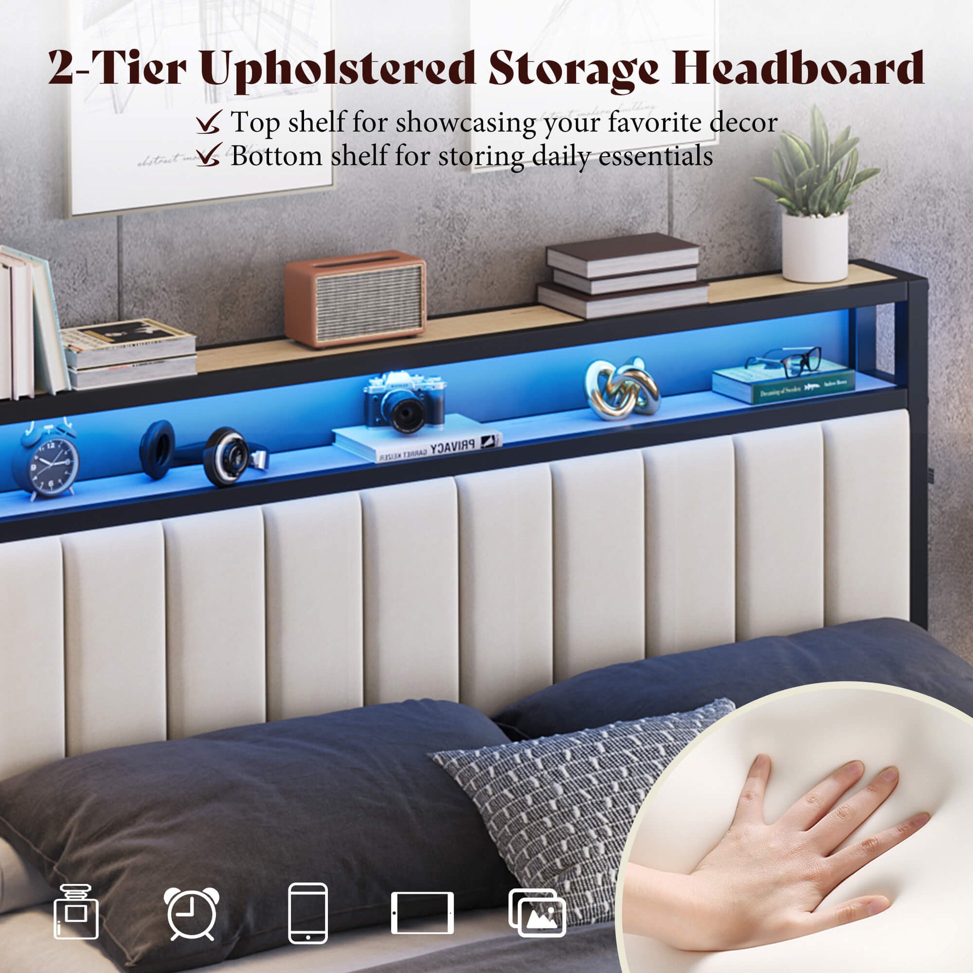 Veltrix LED Storage Velvet Bed Frame-White