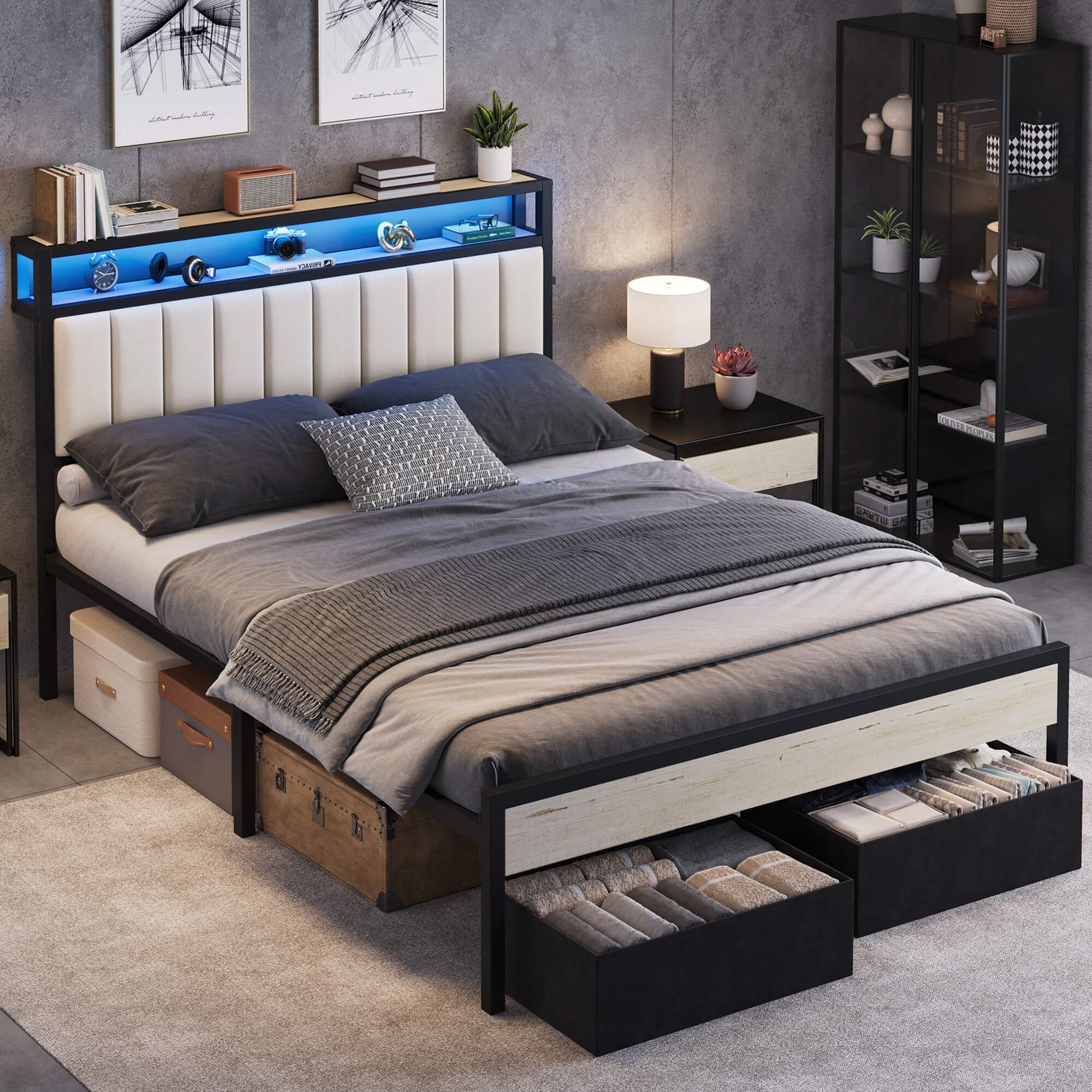 Veltrix LED Storage Velvet Bed Frame-White