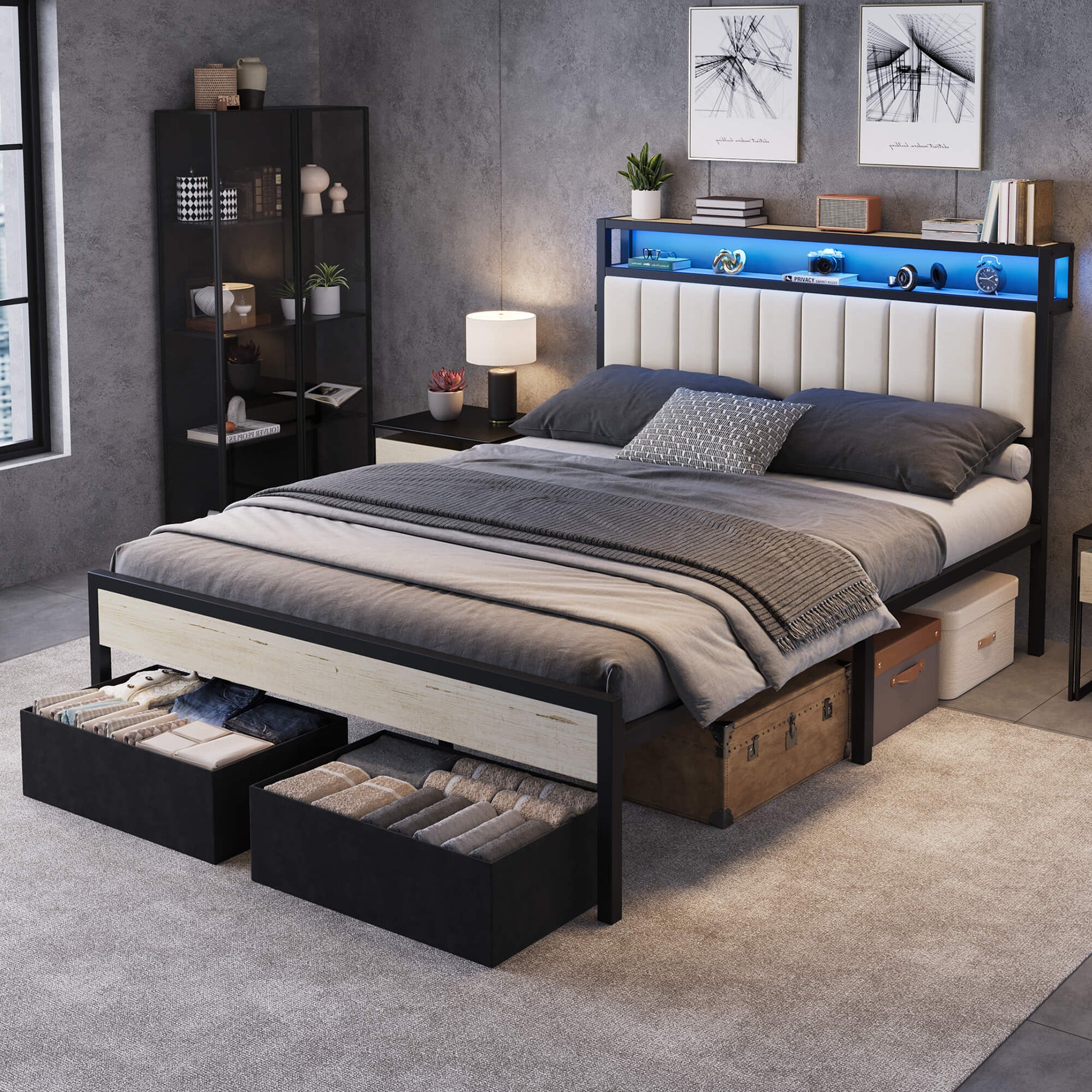 Veltrix LED Storage Velvet Bed Frame-White
