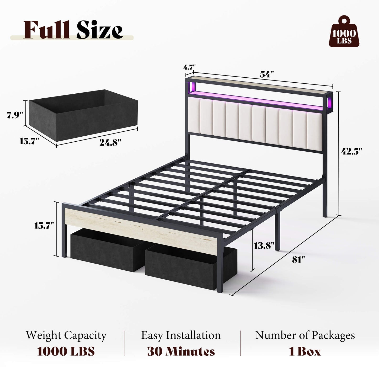 Veltrix LED Storage Velvet Bed Frame-White