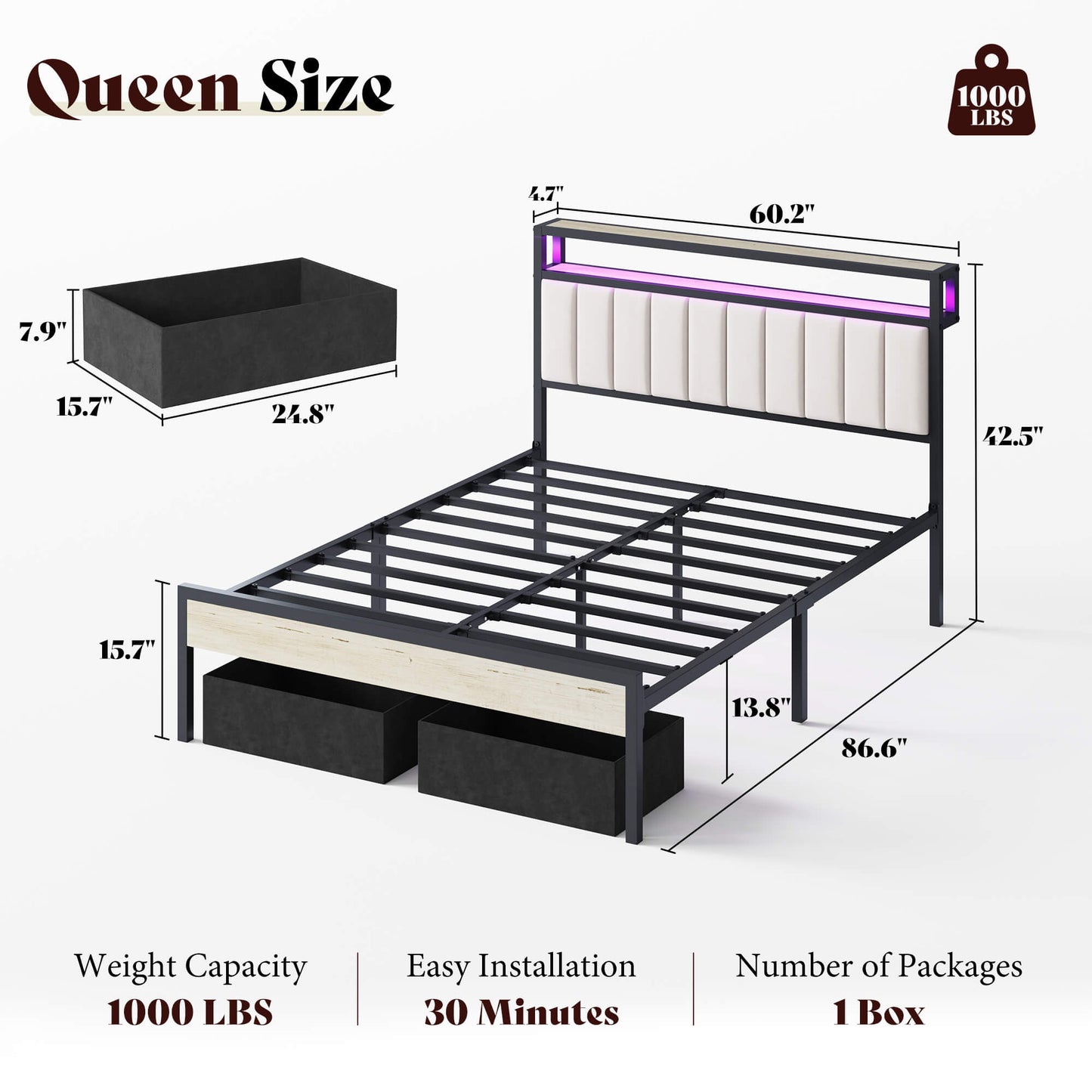Veltrix LED Storage Velvet Bed Frame-White
